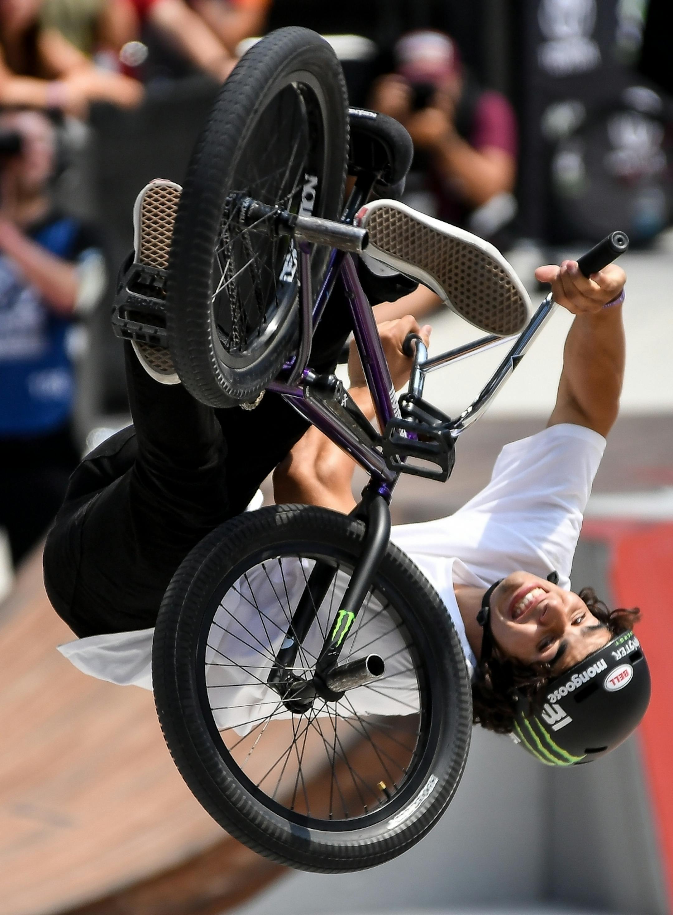Kevin Peraza in his second run in the BMX park finals Saturday. He won gold in the event.