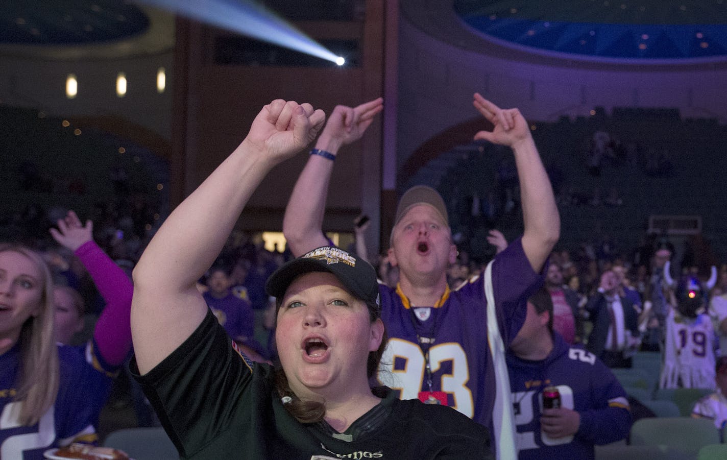 Vikings fans cheered during the festivities at the team draft party held at the Minneapolis Convention Center. ] CARLOS GONZALEZ cgonzalez@startribune.com - April 28, 2016, Minneapolis, MN, Minneapolis Convention Center, NFL Draft. Minnesota Vikings Draft Party 2016