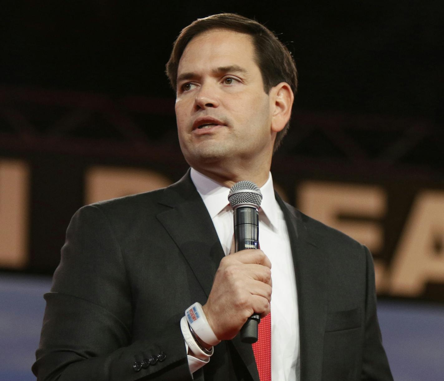 FILE - In this Saturday, Aug. 22, 2015, file photo, Republican presidential candidate, Sen. Marco Rubio, R-Fla., speaks at the Defending the American Dream summit hosted by Americans for Prosperity at the Greater Columbus Convention Center in Columbus, Ohio. On Monday, Sept. 7, 2015, Rubio made a visit to the Charleston, S.C. church were nine African-American worshippers who were shot to death earlier this year. (AP Photo/Paul Vernon, File)