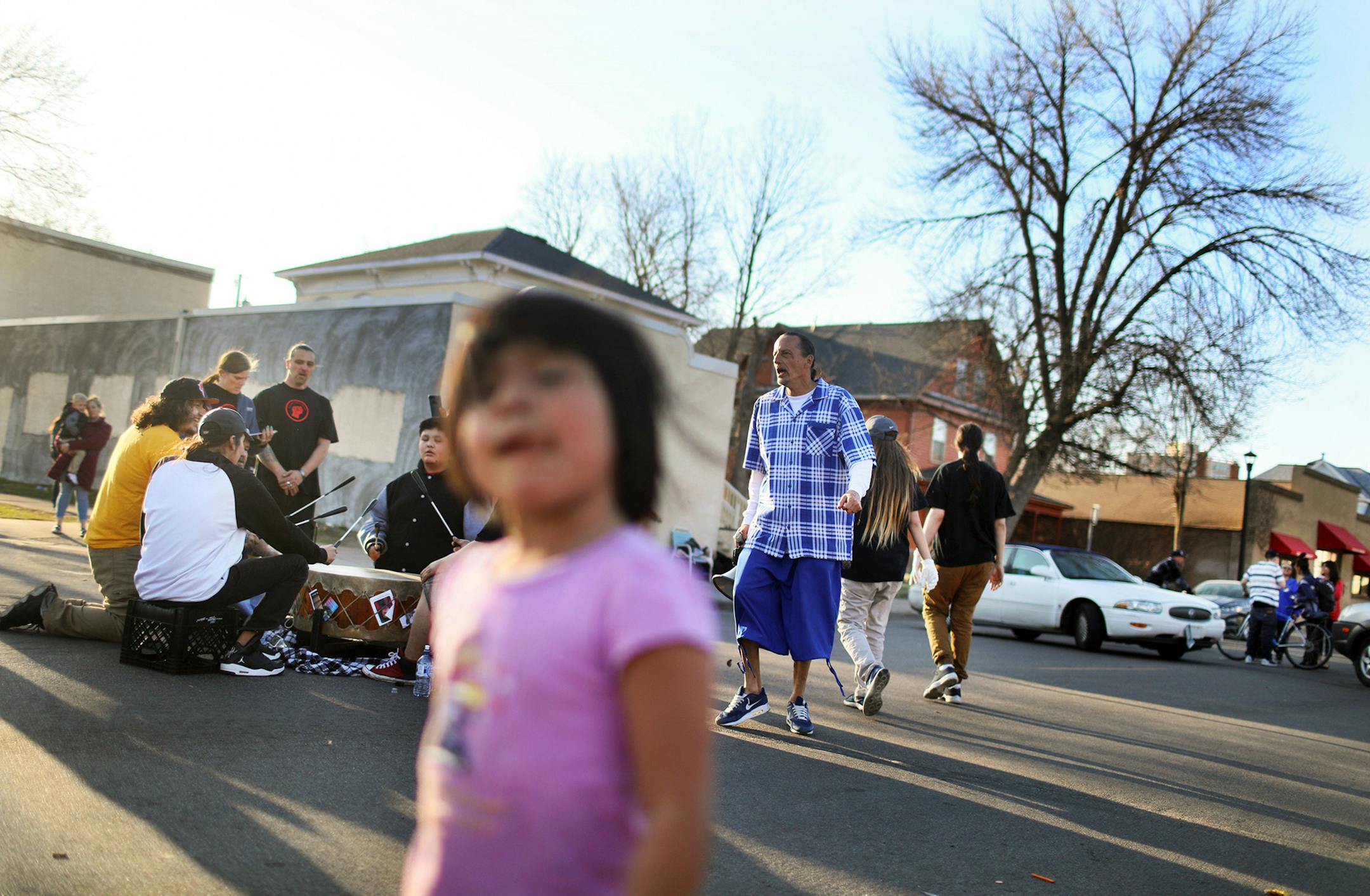 James Cross, the founder of the street outreach group Natives Against Heroin, spent nearly half of his life in prison for drug-related crimes but is working hard now to help people in his Native American community, particularly the poor and those with substance abuse problems. Here, Cross danced around a drum group after members of NAH and the Native American community shut down an intersection at Bloomington Ave. near E. 25th St. where drug dealing had been identified and seen Thursday, April 2