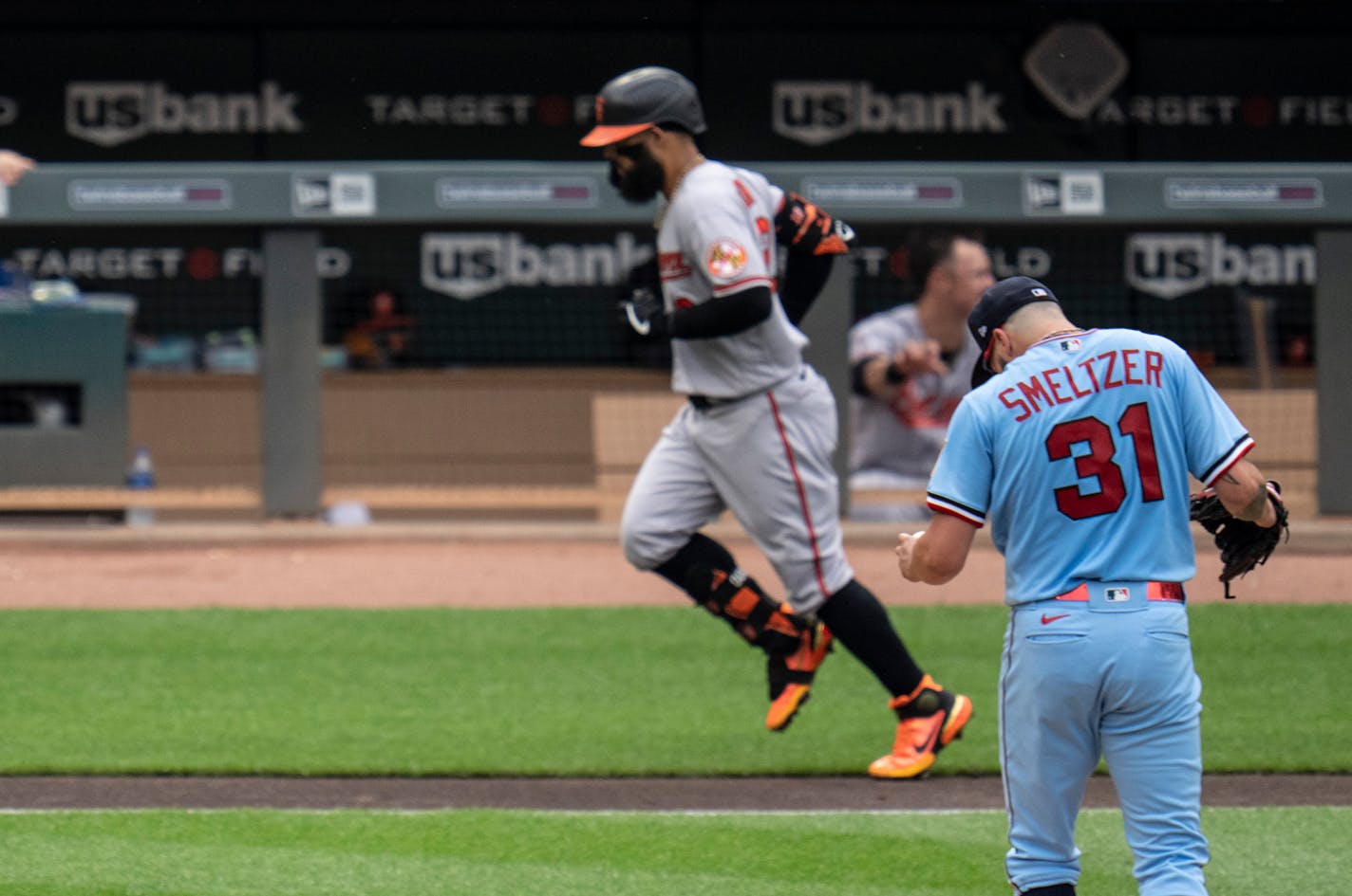 Minnesota Twins starting pitcher Devin Smeltzer, (31) reacts after giving up a solo homer to,Baltimore Orioles second baseman Rougned Odor, (12) in the fifth inning in Minneapolis Minn., on Sunday July 03, 2022.