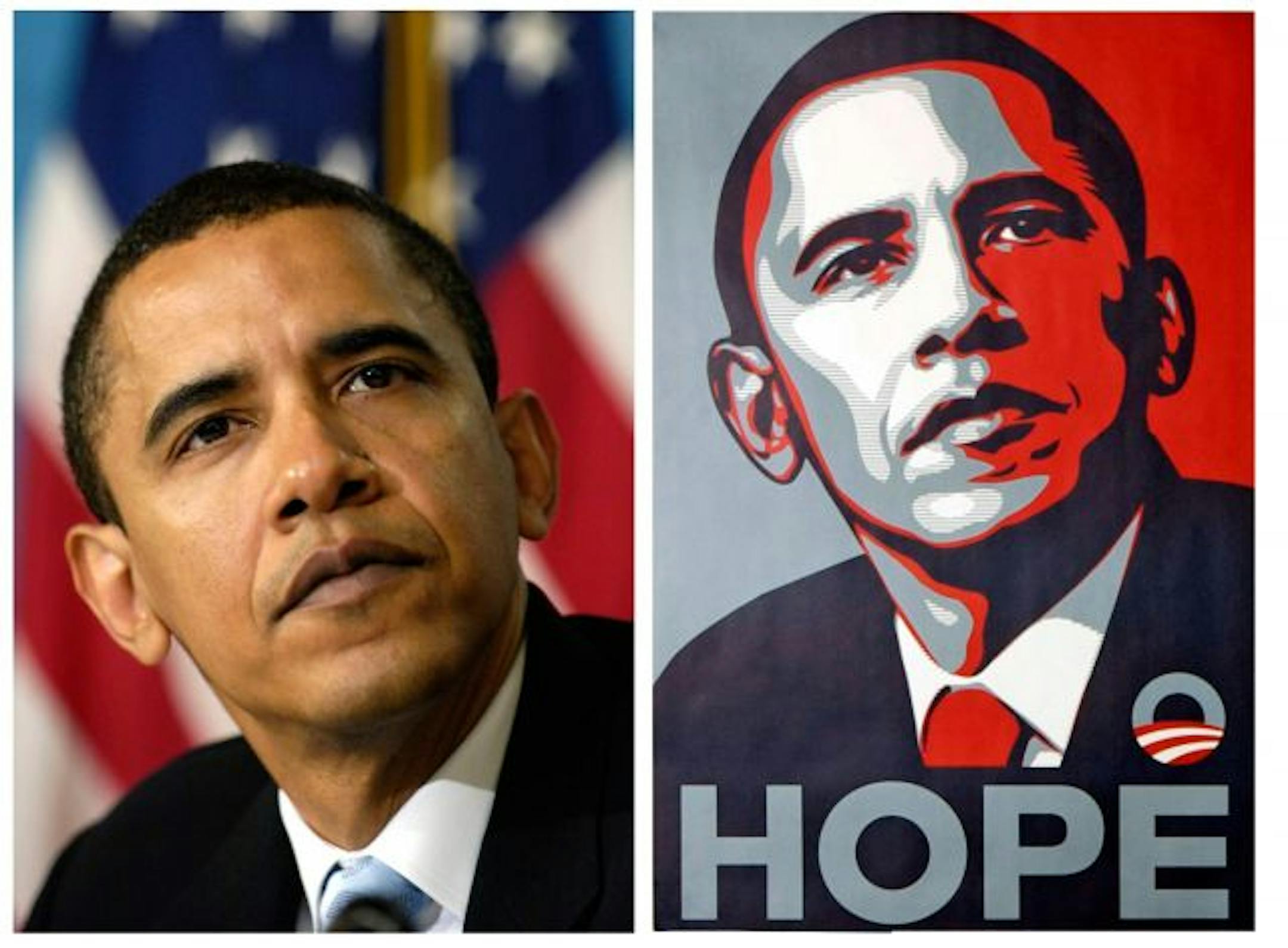 FILE - In this April 27, 2006 file photo, a poster of President Barack Obama, right, by artist Shepard Fairey is shown for comparison with this file photo of then-Sen. Barack Obama by Associated Press photographer Manny Garcia at the National Press Club in Washington. Attorneys for poster artist Shepard Fairey, who designed the famous Obama "HOPE" image, say he based it on a photograph taken by The Associated Press and not another picture, as the artist had claimed.