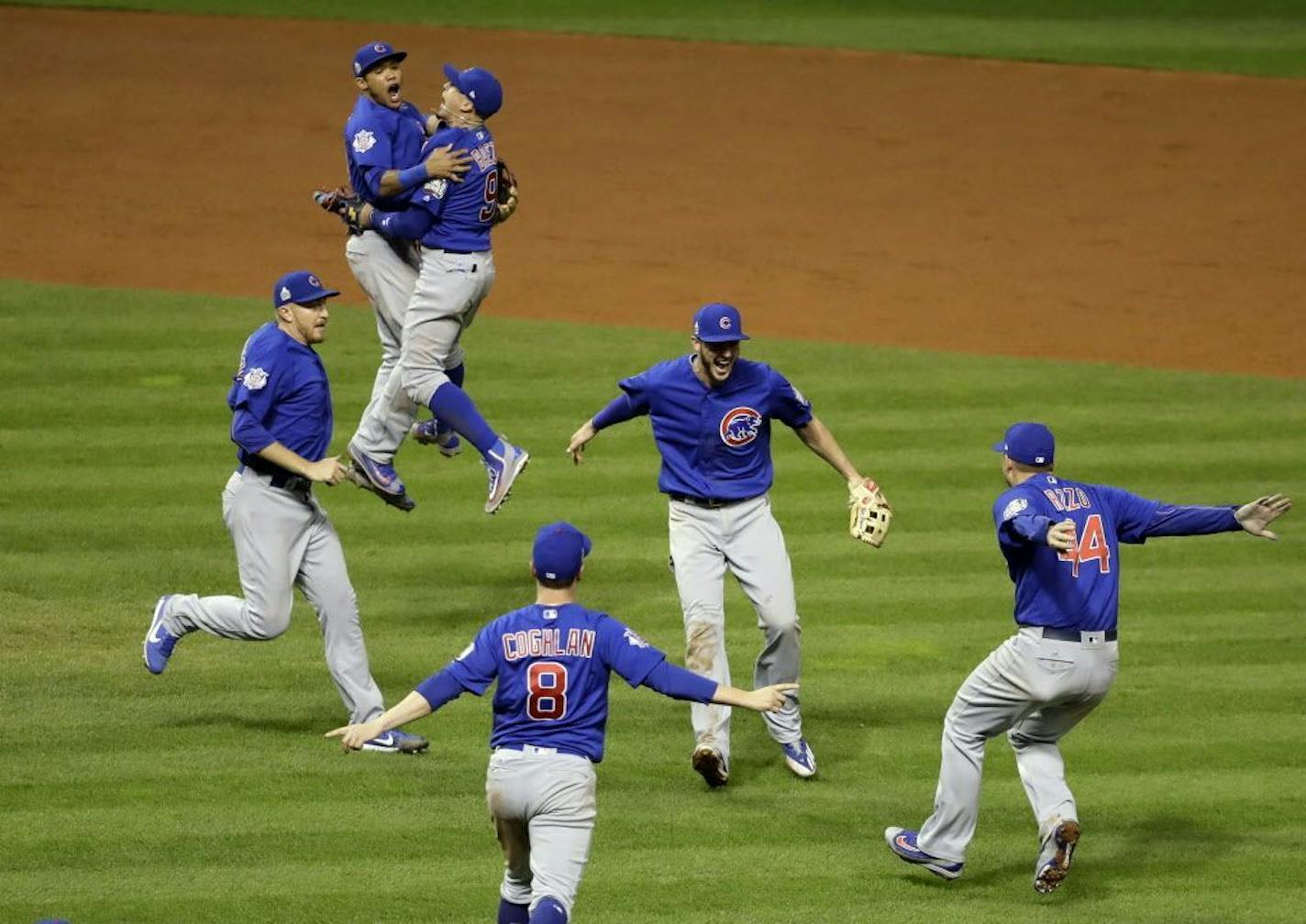 The Chicago Cubs celebrate after Game 7 of the Major League Baseball World Series against the Cleveland Indians Thursday, Nov. 3, 2016, in Cleveland. The Cubs won 8-7 in 10 innings to win the series 4-3.