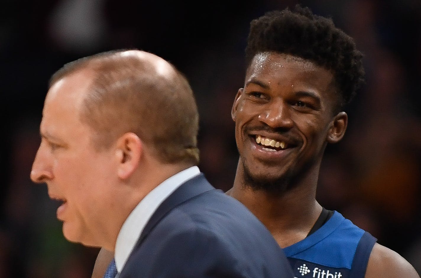 Minnesota Timberwolves guard Jimmy Butler (23) laughed behind head coach Tom Thibodeau after a dunk by forward Taj Gibson (67) in the second quarter. ] AARON LAVINSKY &#xef; aaron.lavinsky@startribune.com The Minnesota Timberwolves played the Denver Nuggets on Wednesday, Dec. 27, 2017 at Target Center in Minneapolis, Minn. ORG XMIT: MIN1712272015509320