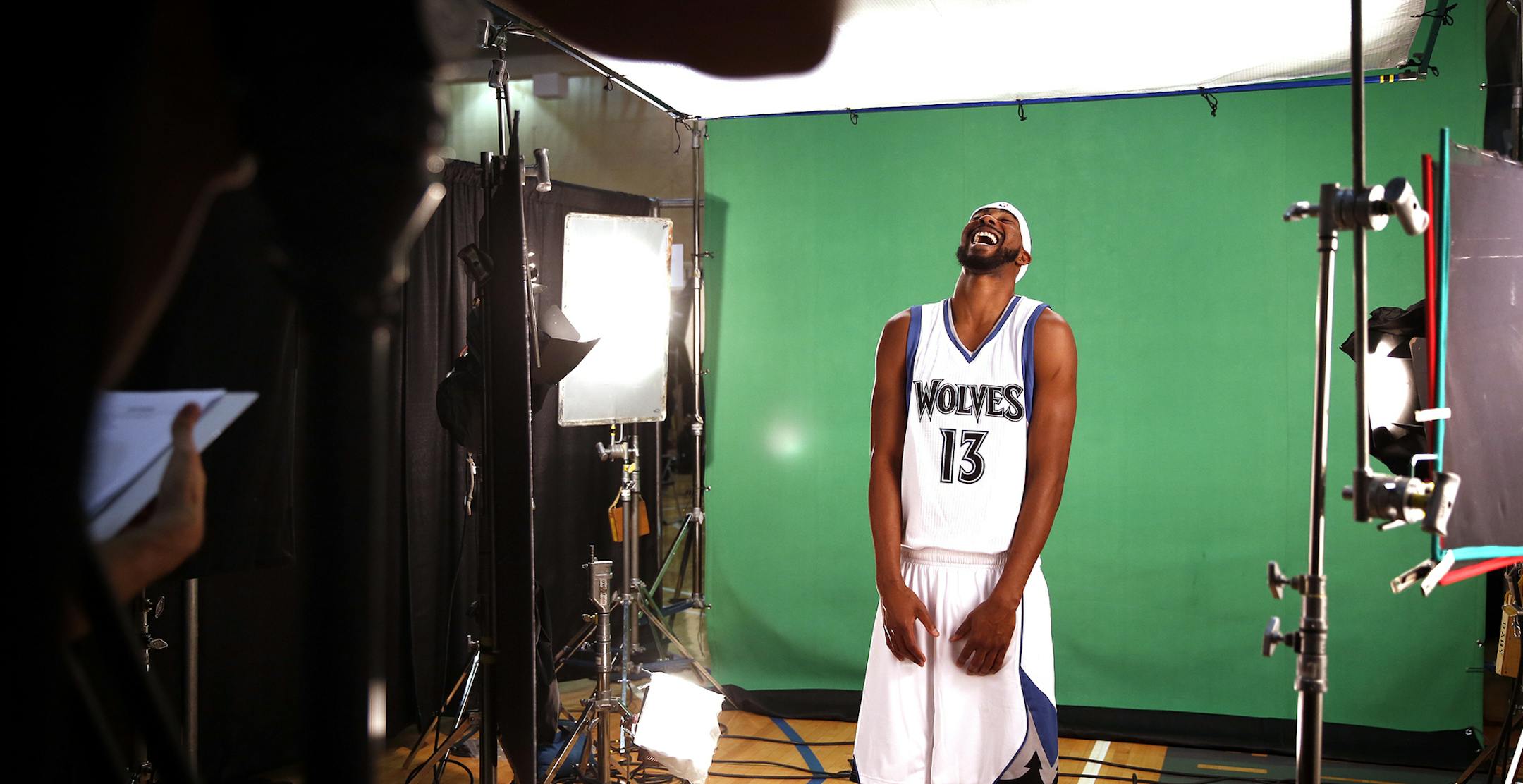 Corey Brewer laughs while filming a television spot during Timberwolves media day at the Target Center on Monday, September 29, 2014. ] LEILA NAVIDI leila.navidi@startribune.com /