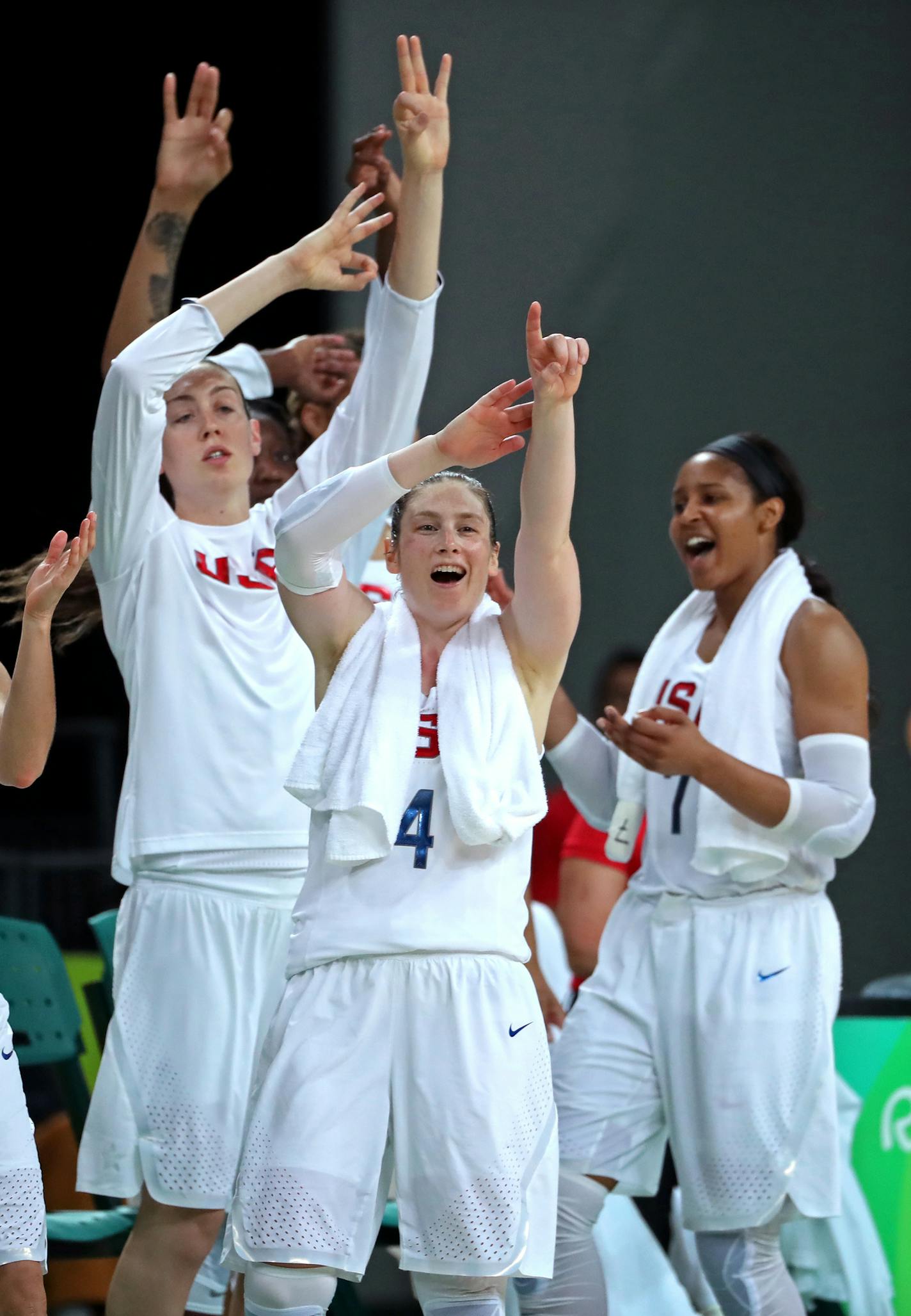 The Lynx's Lindsay and the team USA bench cheers on Diana Taurasi after Taurasi hit a three pointer in the 3rd quarter. Whalen scored 17 points off the bench in the victory, giving the U.S. women's basketball team its sixth consecutive gold medal. ] 2016 Summer Olympic Games - Rio Brazil brian.peterson@startribune.com Rio de Janeiro, Brazil - 08/19/2016