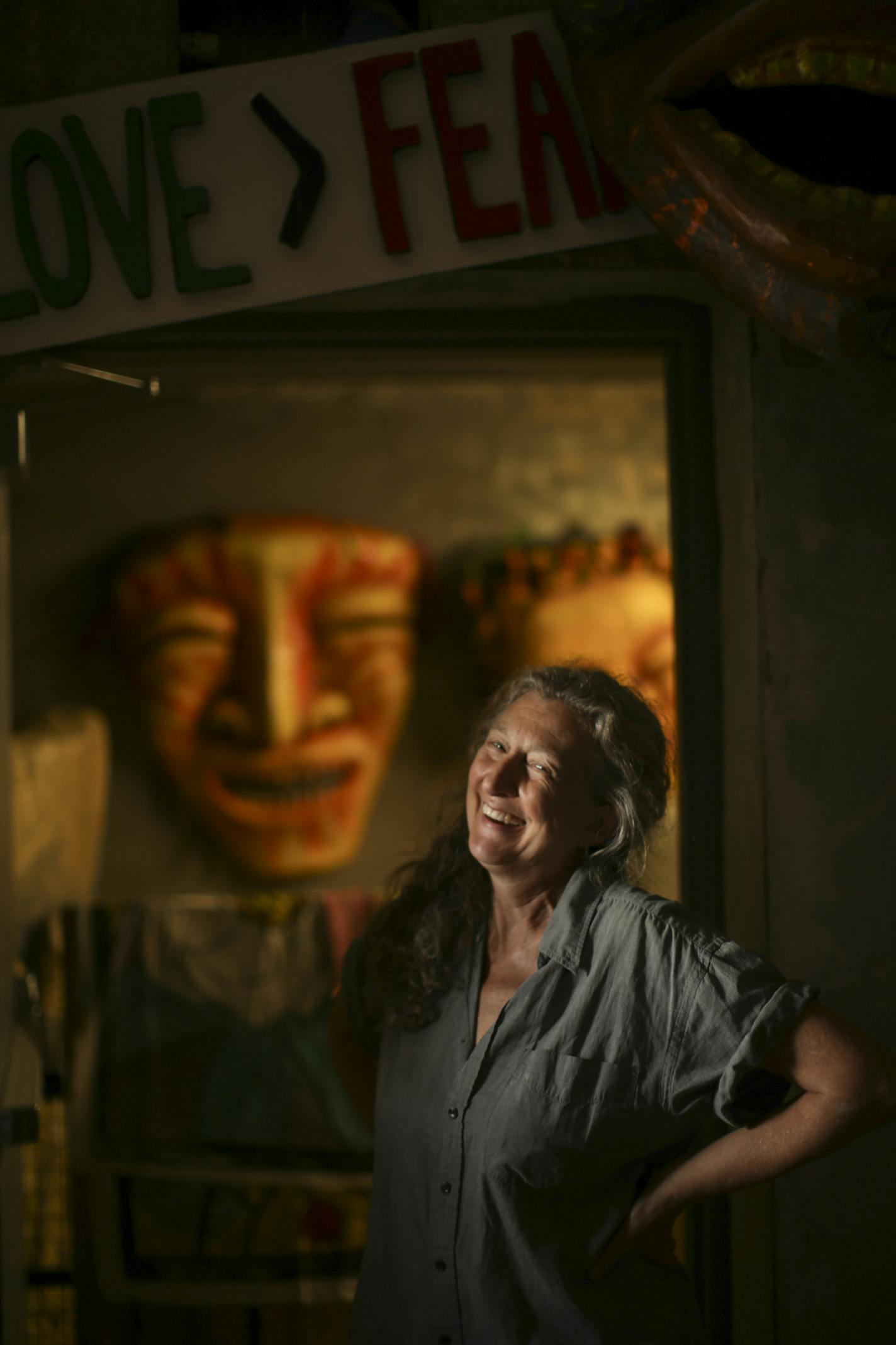 Sandy Spieler in the attic where In the Heart of the Beast stores their archive of puppets Wednesday afternoon.