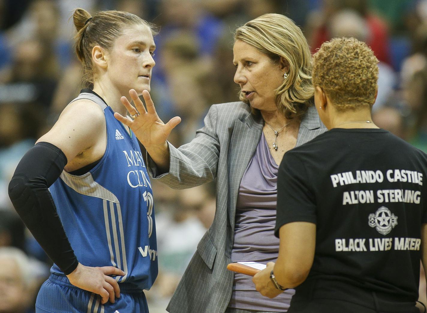 Minnesota Lynx head coach Cheryl Reeve gives instructions to guard Lindsay Whalen (13) during a game earlier this summer.