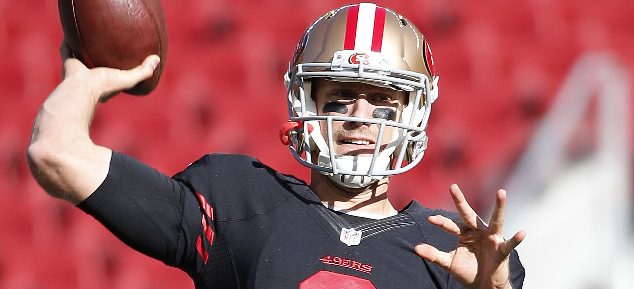 San Francisco 49ers quarterback Blaine Gabbert (2) warms up before an NFL football game against the Arizona Cardinals in Santa Clara, Calif., Sunday, Nov. 29, 2015. (AP Photo/Tony Avelar)