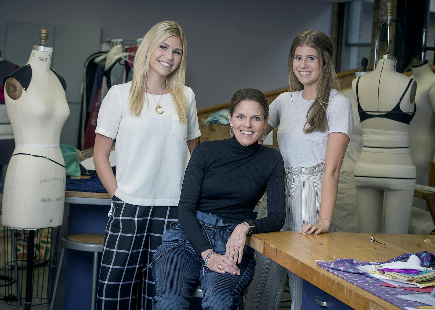 Claire Schierman, left, assistant Prof. Kelly Gage and Maggie Krawczyk wear the menocore look at St. Catherine University in St. Paul.