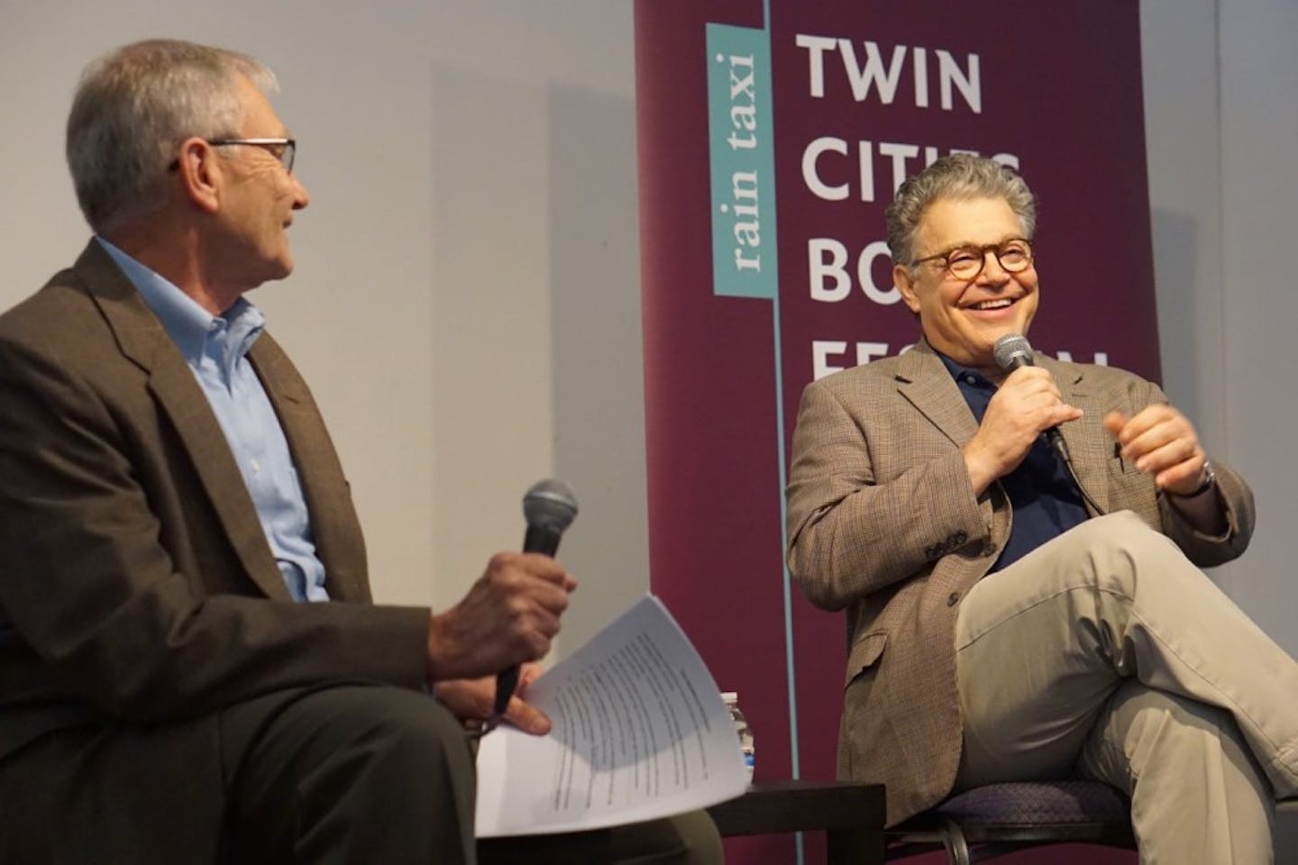 Minnesota Public Radio journalist Gary Eichten and U.S. Sen. Al Franken josh it up at the Twin Cities Book Festival on Oct. 14, 2017.