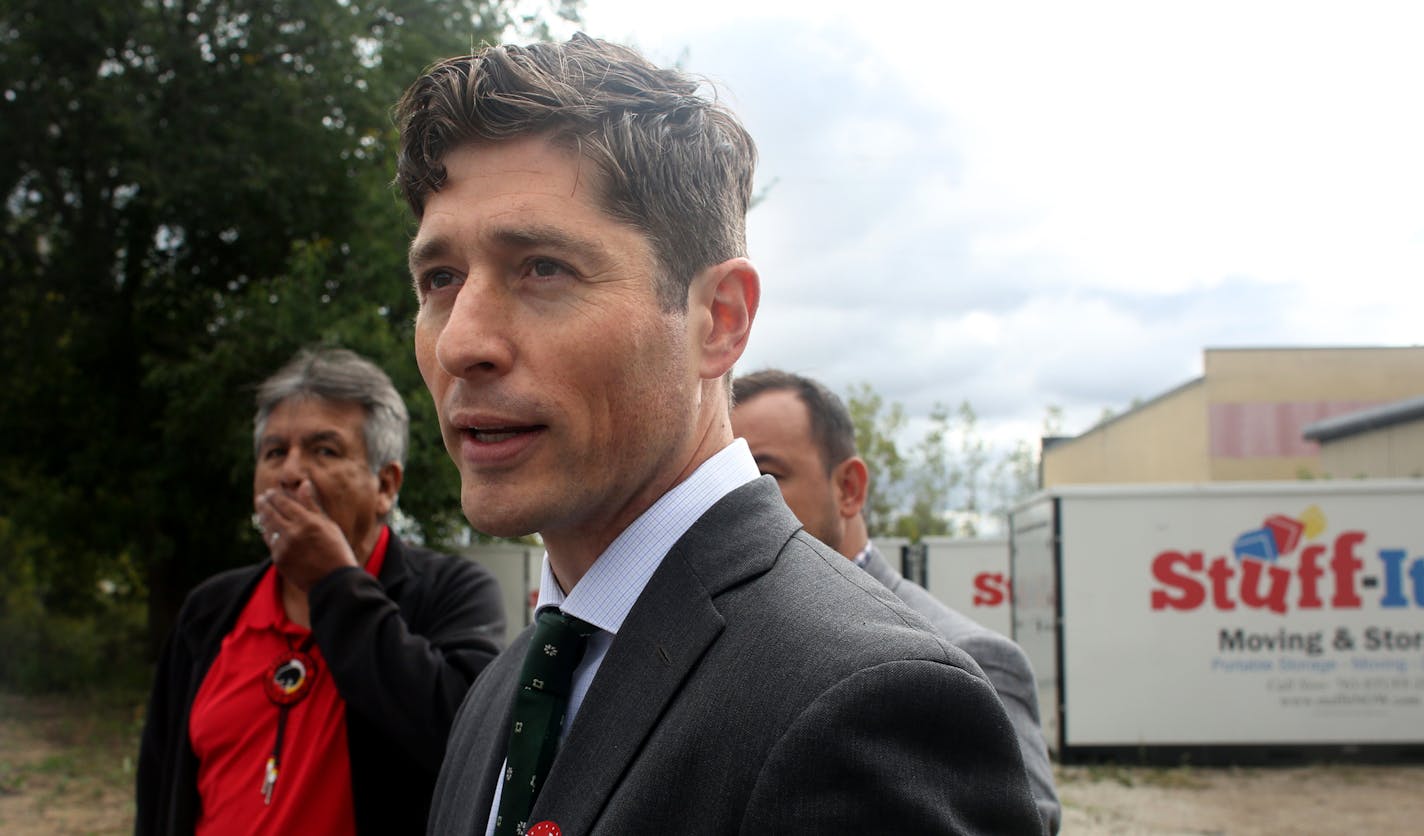 Minneapolis Mayor Jacob Frey announced to the press that the Red Lake tribe would be willing to offer their land on Cedar Ave. as a temporary location for the people at the homeless encampment. ] (KYNDELL HARKNESS/STAR TRIBUNE) kyndell.harkness@startribune.com Minneapolis Jacob Frey talked to the press at the proposed site for people in the homeless encampment in Minneapolis, Min., Friday, September 21, 2018.