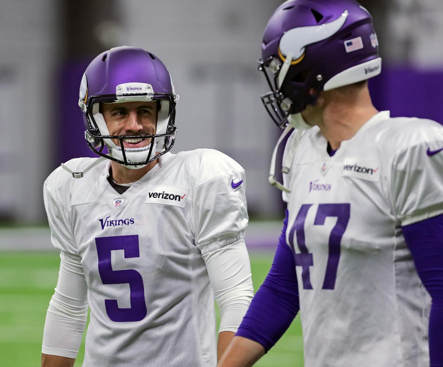 Vikings new kicker Dan Bailey (left) and long snapper Kevin McDermott connected during practice Wednesday afternoon.