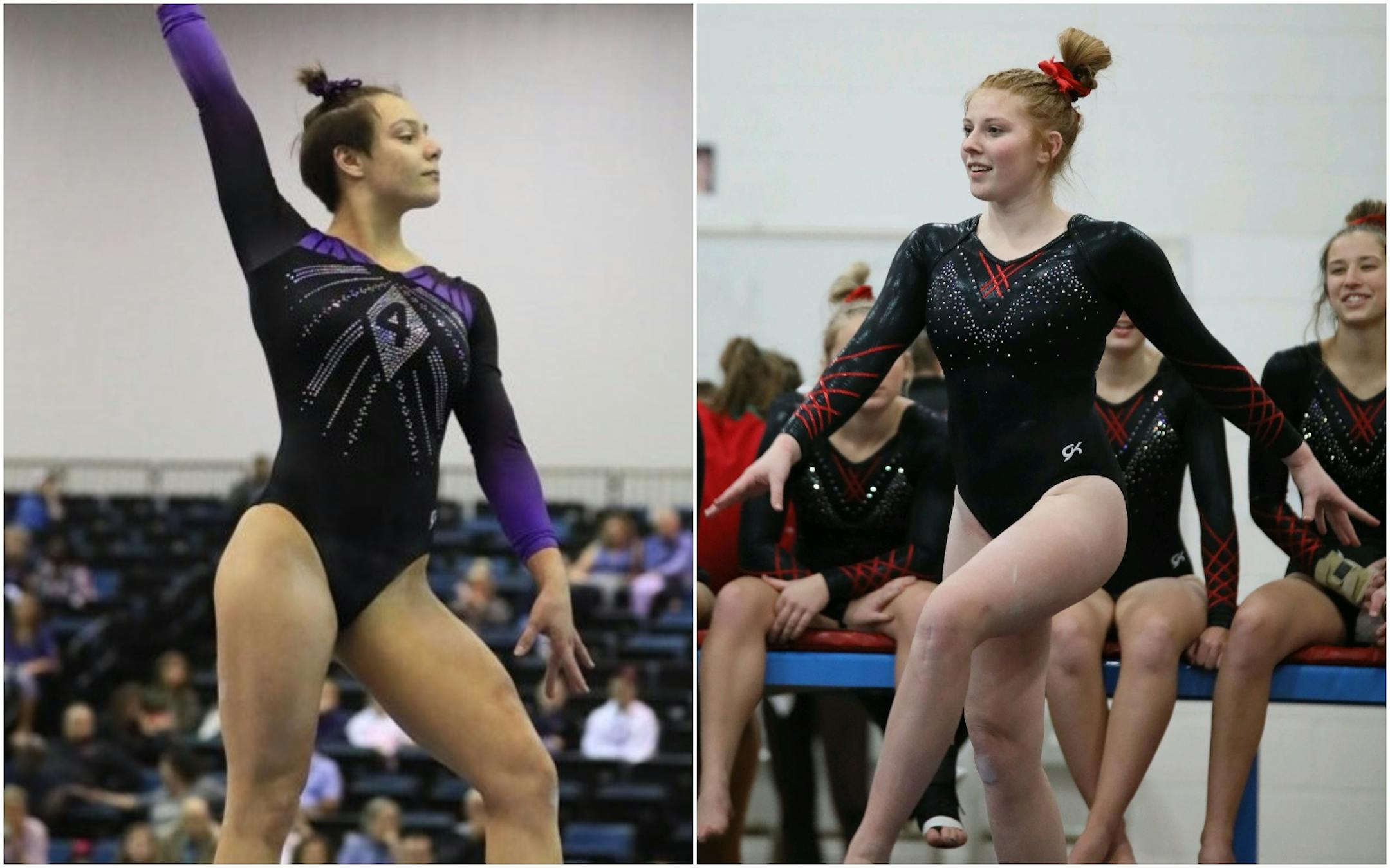 Livia Dombeck (left) of St. Michael-Albertville and Becca Green (right) left club gymnastics to compete with their high school teams. Both will be among the individual favorites at the gymnastics state meet. Submitted photos
