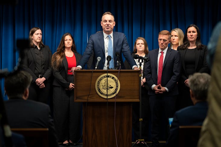 Assistant U.S. Attorney Joe Thompson, with the prosecution’s team, leads a news conference after the Feeding Our Future fraud verdicts were announce