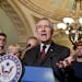 Senate Majority Leader Harry Reid, D-Nev., and Senate Democratic leaders speak to reporters after Senate Republicans killed a $54 billion funding bill