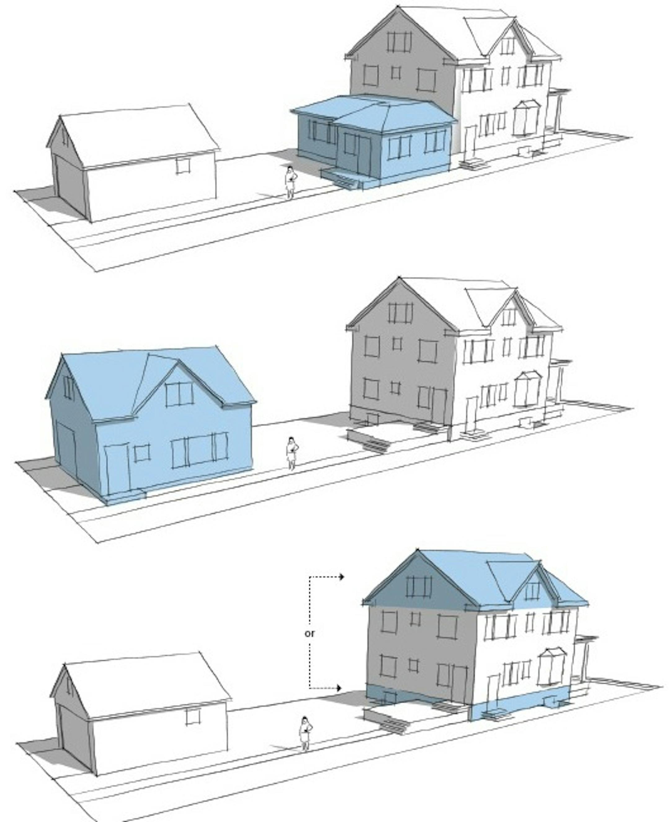 Three examples of accessory dwelling units, presented in City of Minneapolis drawings.