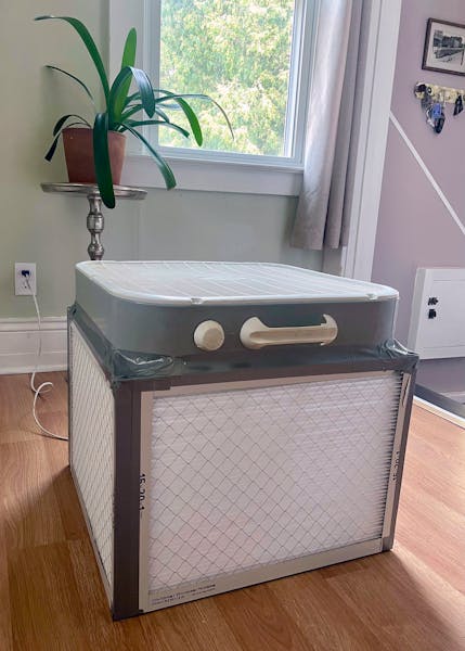 A Corsi-Rosenthal air purifier built by Liz Hradil is seen at her home in Syracuse, N.Y., after wildfire smoke covered much of New York Wednesday, Jun