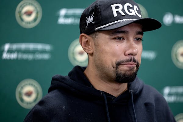 Matt Dumba of the Minnesota Wild during an end of season press conference Monday, May 1, 2023, at Xcel Energy Center in St. Paul, Minn. ] CARLOS GONZA