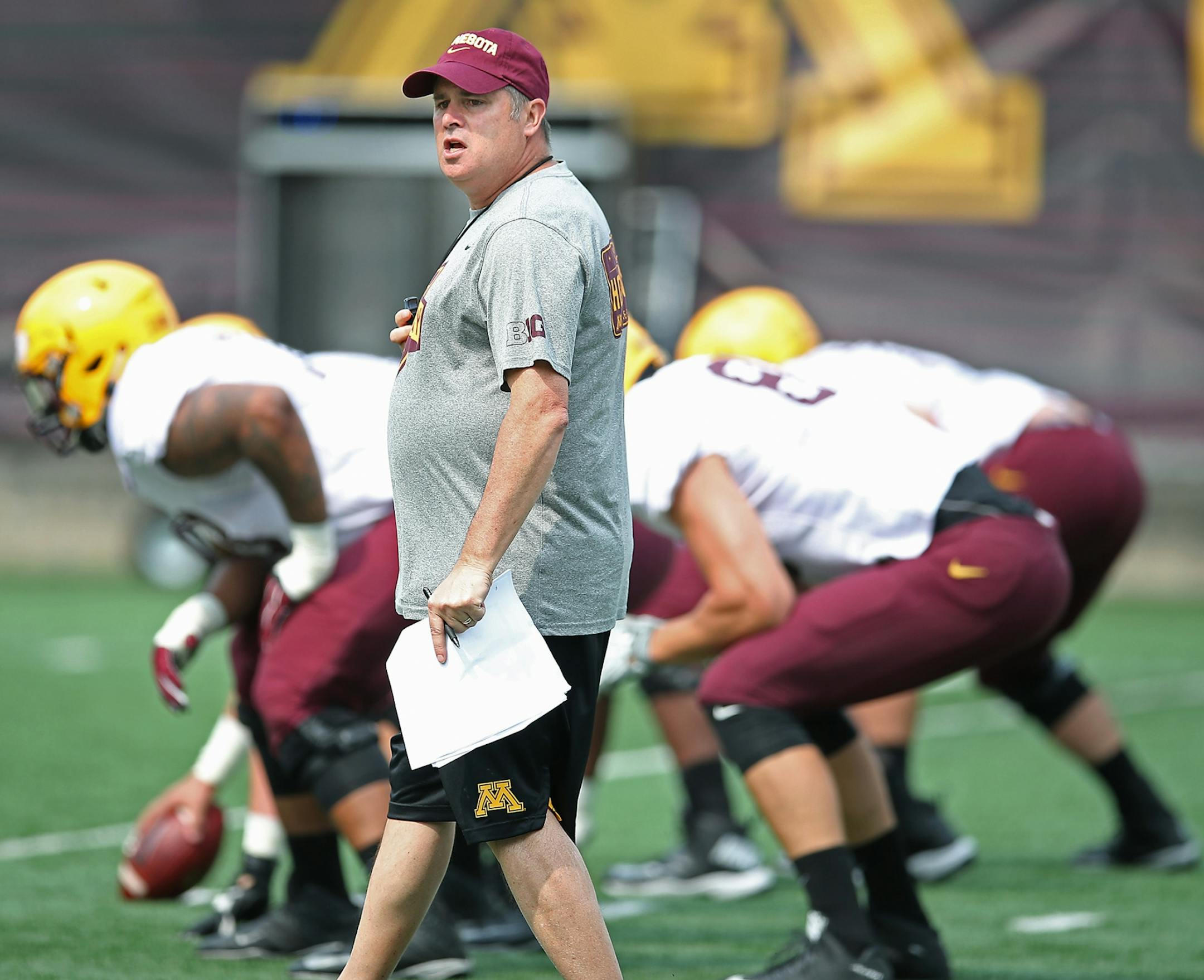 Gophers offensive coordinator Kirk Ciarrocca led drills during the Gophers football practice at Gibson-Nagurski Football Complex, Saturday, August 5, 2017 in Minneapolis, MN.