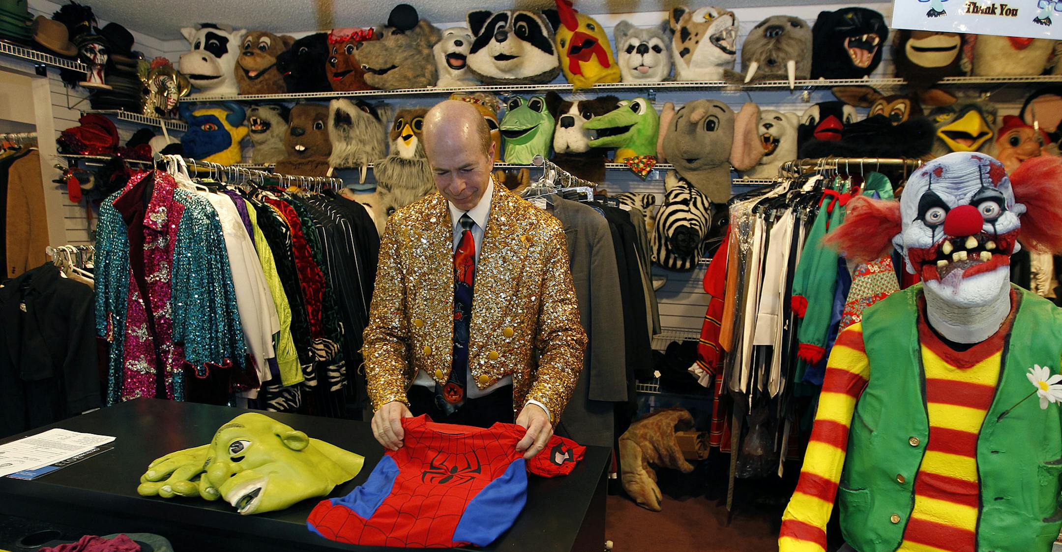 Twin Cities Magic & Costume co-owner Jim Berg worked at the store, Friday, October 4, 2013 in West St. Paul, MN. The legendary costume shop that operated in downtown St. Paul for a quarter-century, is entering its first Halloween season after closing its downtown shop and moving all operations to a spot on Robert Street in West St. Paul. (ELIZABETH FLORES/STAR TRIBUNE) ELIZABETH FLORES • eflores@startribune.com
