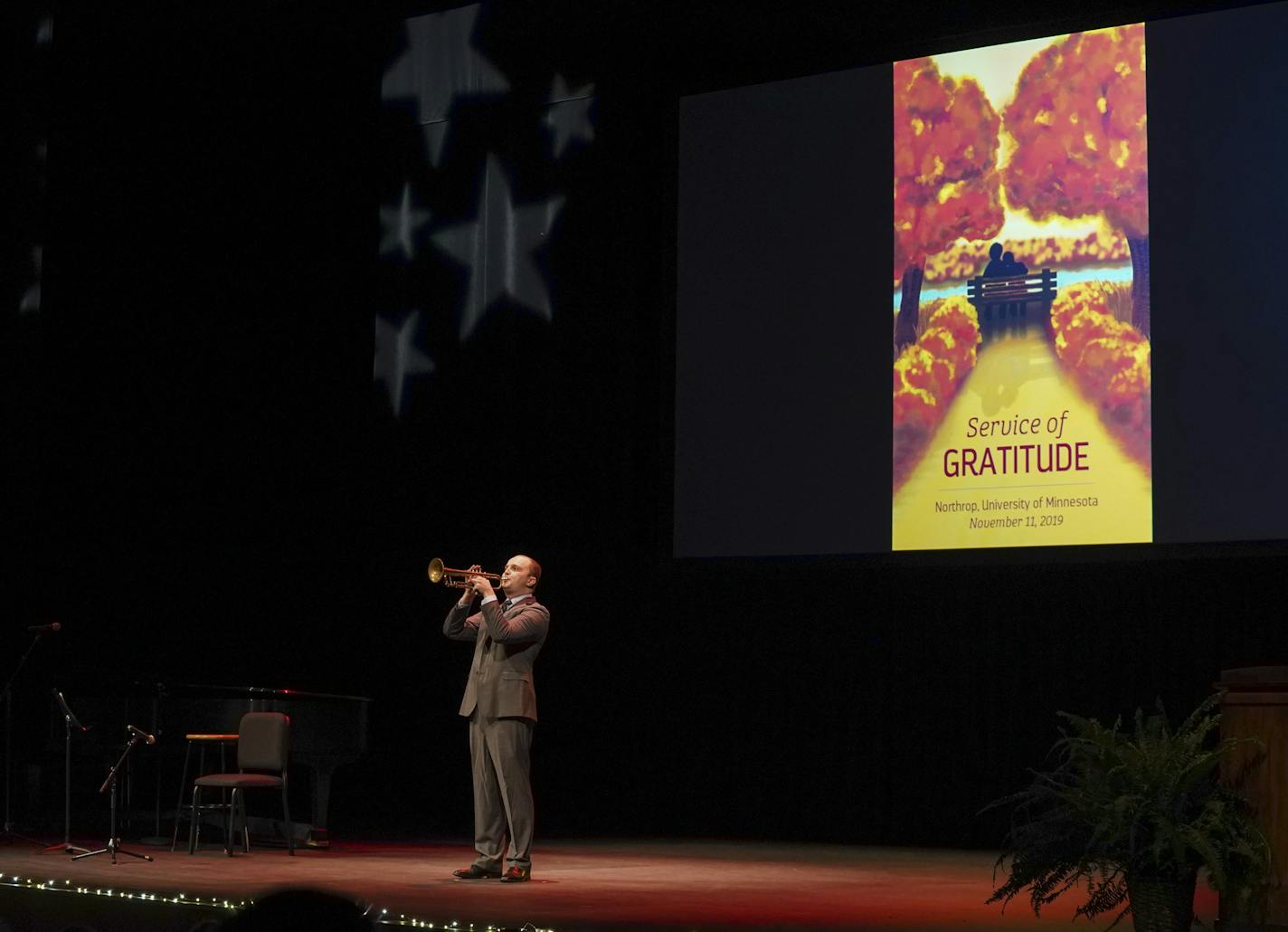 Medical student Tom Kane sounded taps at Northrop during the Service of Gratitude, which honors those who have donated their bodies to the University of Minnesota.