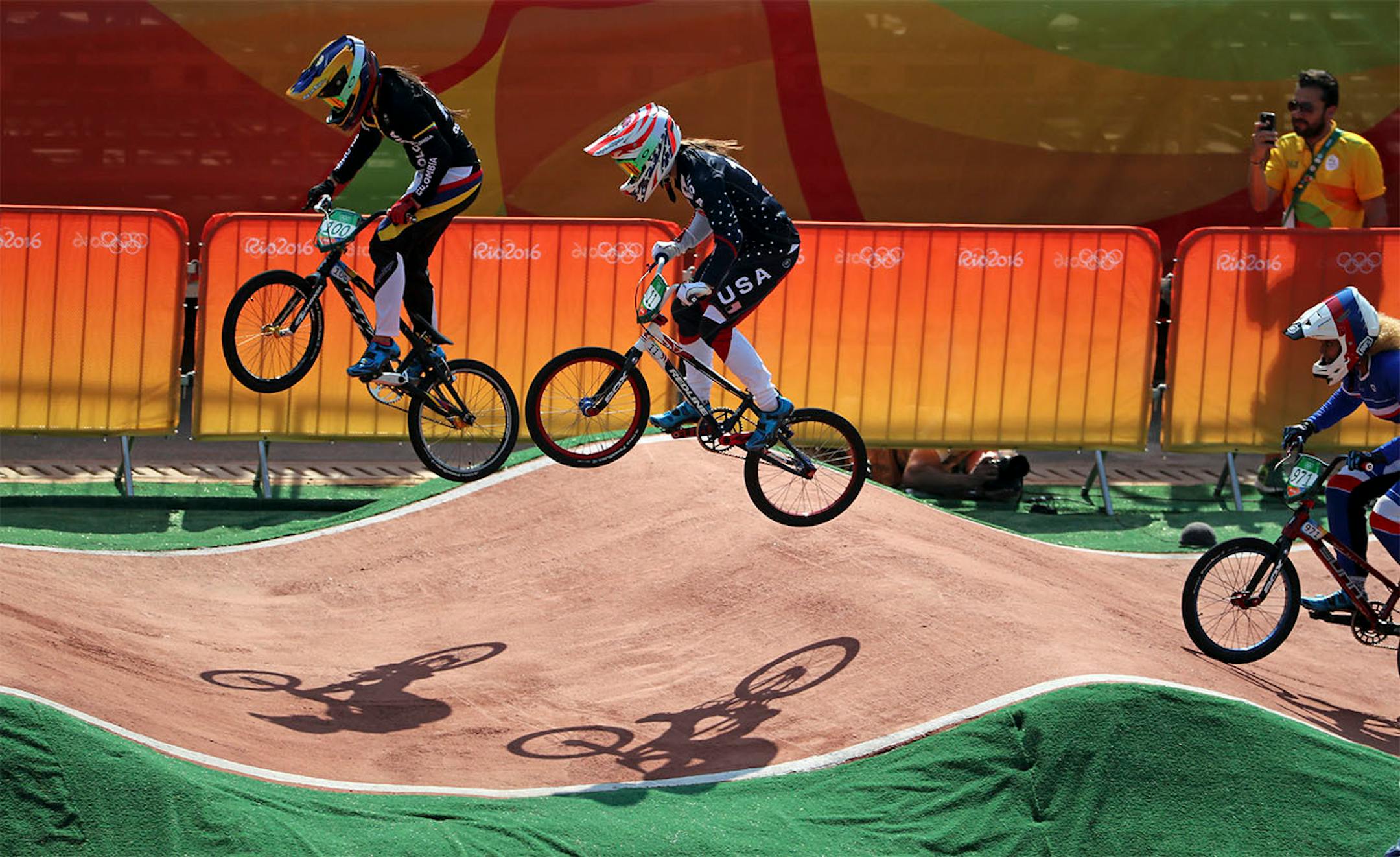 Minnesota�s Alise Post (right) batles it out with Mariana Pajon of Columbia. Post won the silver and Pajon won the gold medal in the women's BMX cycling Friday afternoon during the 2016 Summer Olympics in Rio de Janeiro, Brazil.