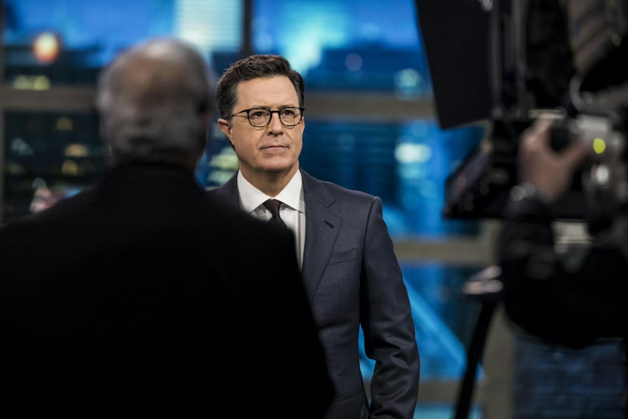 Stephen Colbert during a taping of ìThe Late Showî at the Ed Sullivan Theater in New York, April 4, 2017. Colbert has done what was unthinkable a year ago: turned ìThe Late Showî into the most viewed show in late night. And President Trump is not the only reason. (Chad Batka/The New York Times)