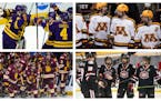 Minnesota will have four teams in the NCAA men’s hockey tournament. Clockwise from top left: Minnesota State, Gophers, St. Cloud State and UMD.