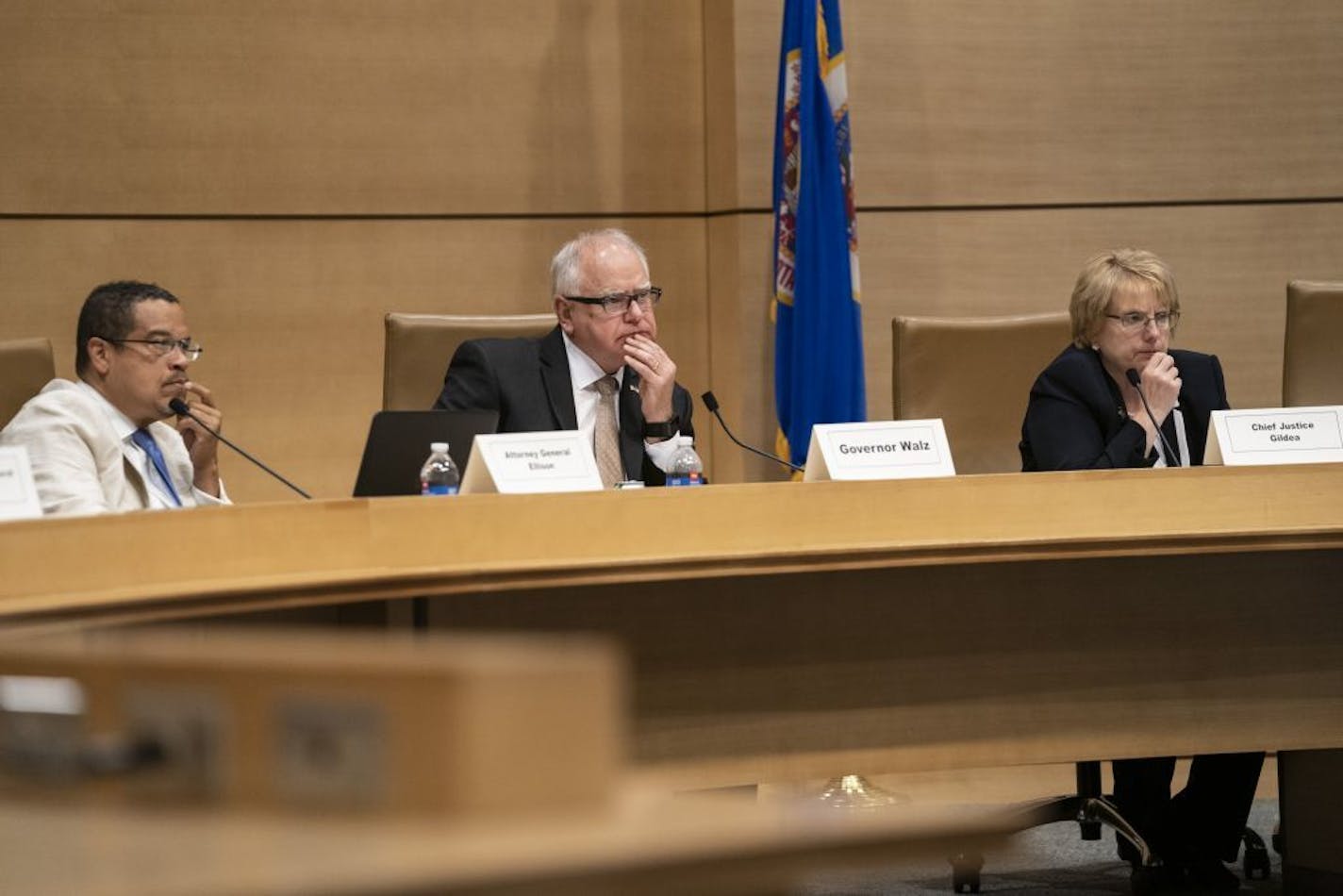 Attorney General Keith Ellison, Governor Tim Walz and Chief Justice Lorie Skjerven Gildea listened during pardon hearings all afternoon at the Senate Office Building in St. Paul, Minn., on Tuesday, June 25, 2019.