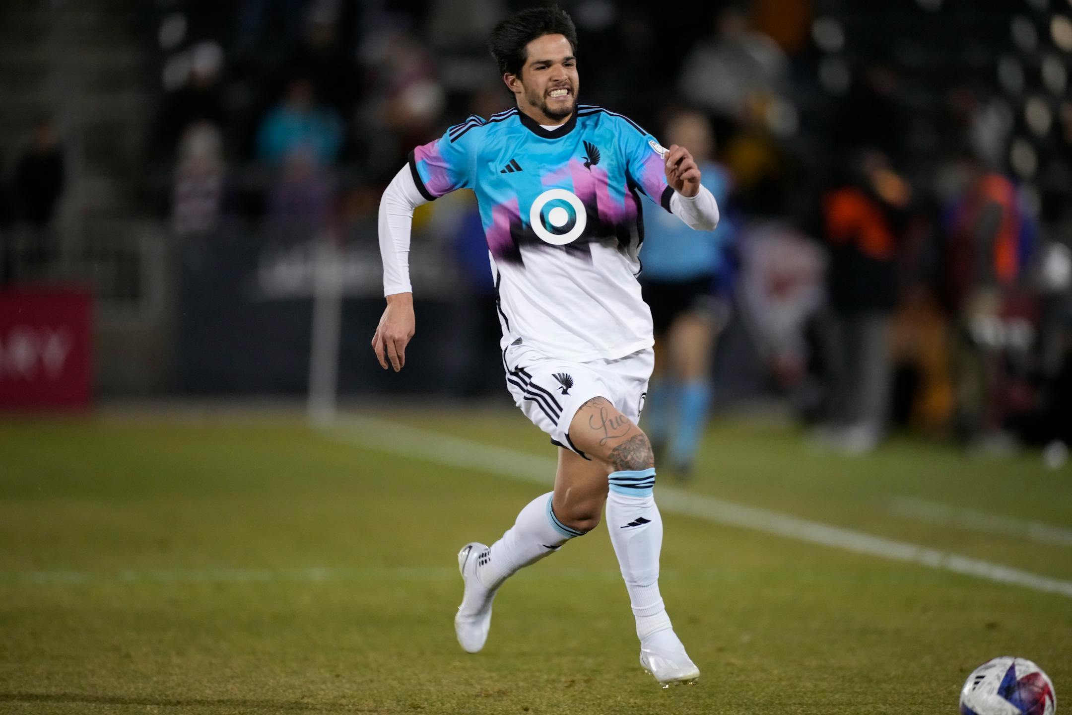 Minnesota United forward Luis Amarilla (9) in the second half of an MLS soccer match Saturday, March 18, 2023, in Commerce City, Colo. (AP Photo/David Zalubowski)