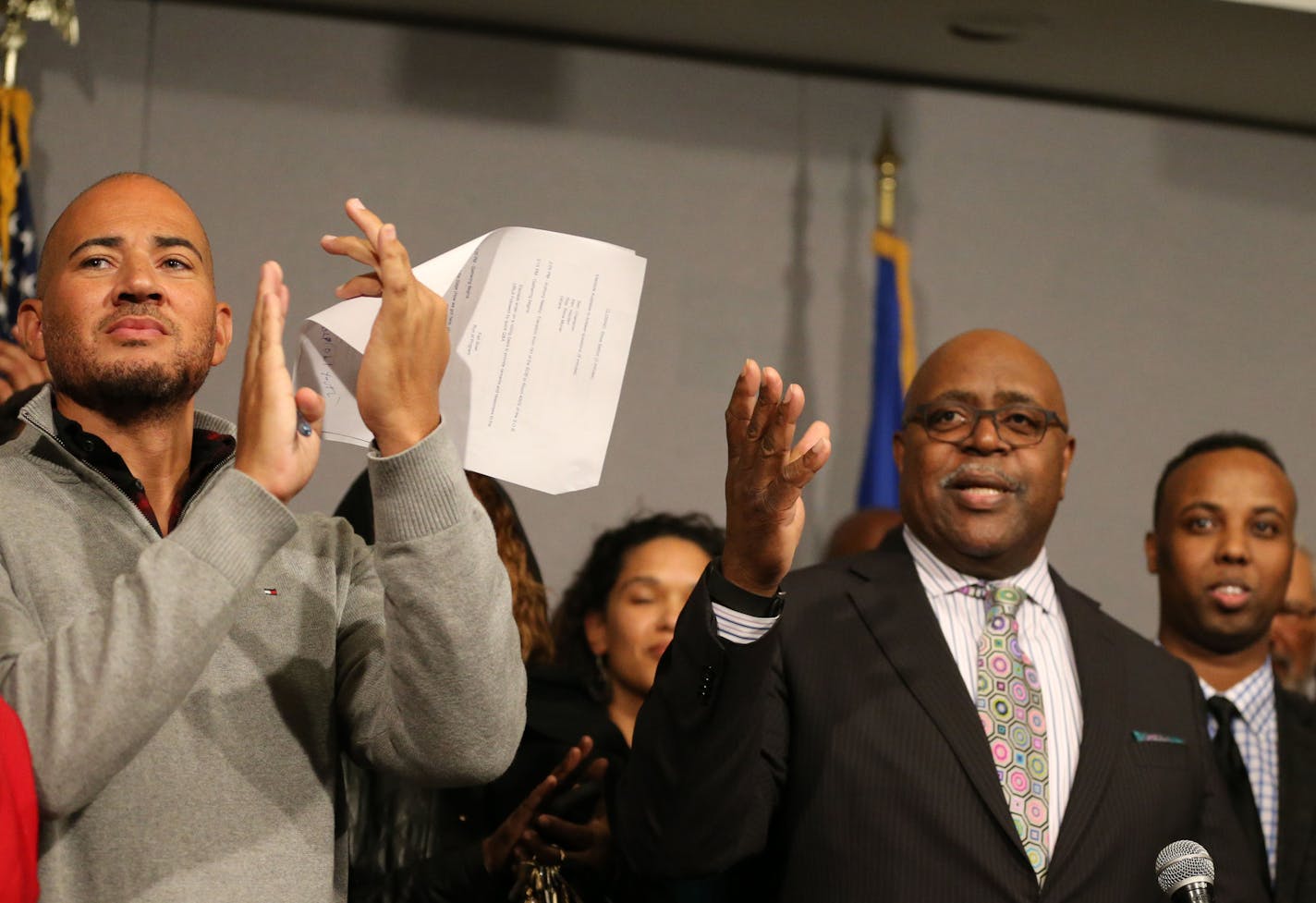 Steve Belton of the Urban League gave the closing remarks during the United Black Legislative Agenda gathering, here giving thanks to the African American state legislators in attendance Wednesday, April 6, 2015, at the State Office Building in St. Paul, MN. Looking on is the event MC Anthony Newby, left, executive director of Neighborhoods Organizing for Change.](DAVID JOLES/STARTRIBUNE)djoles@startribune.com A group of black community leaders hold a news conference to detail their proposal for