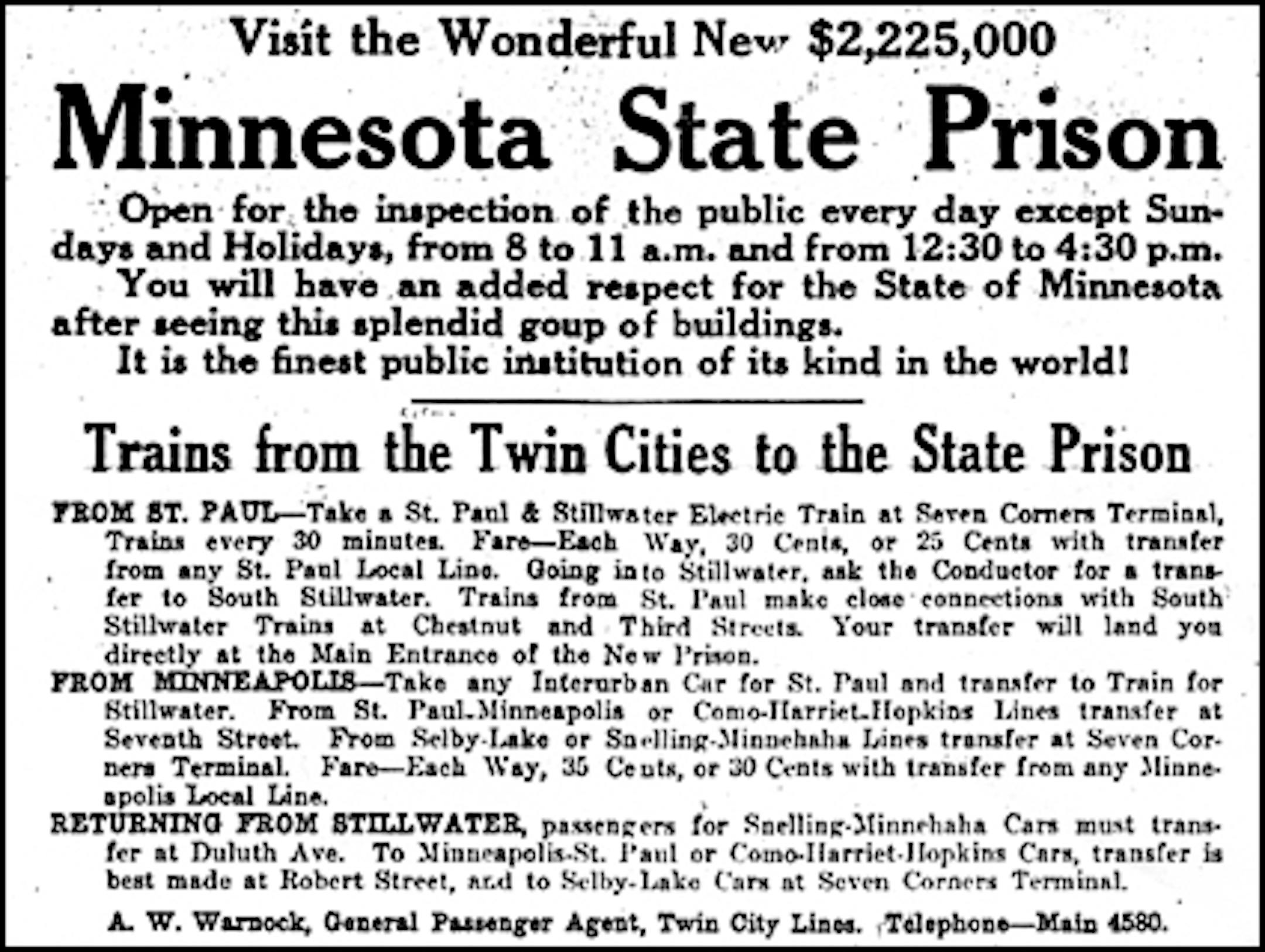 Stillwater prison tour ad, 1915