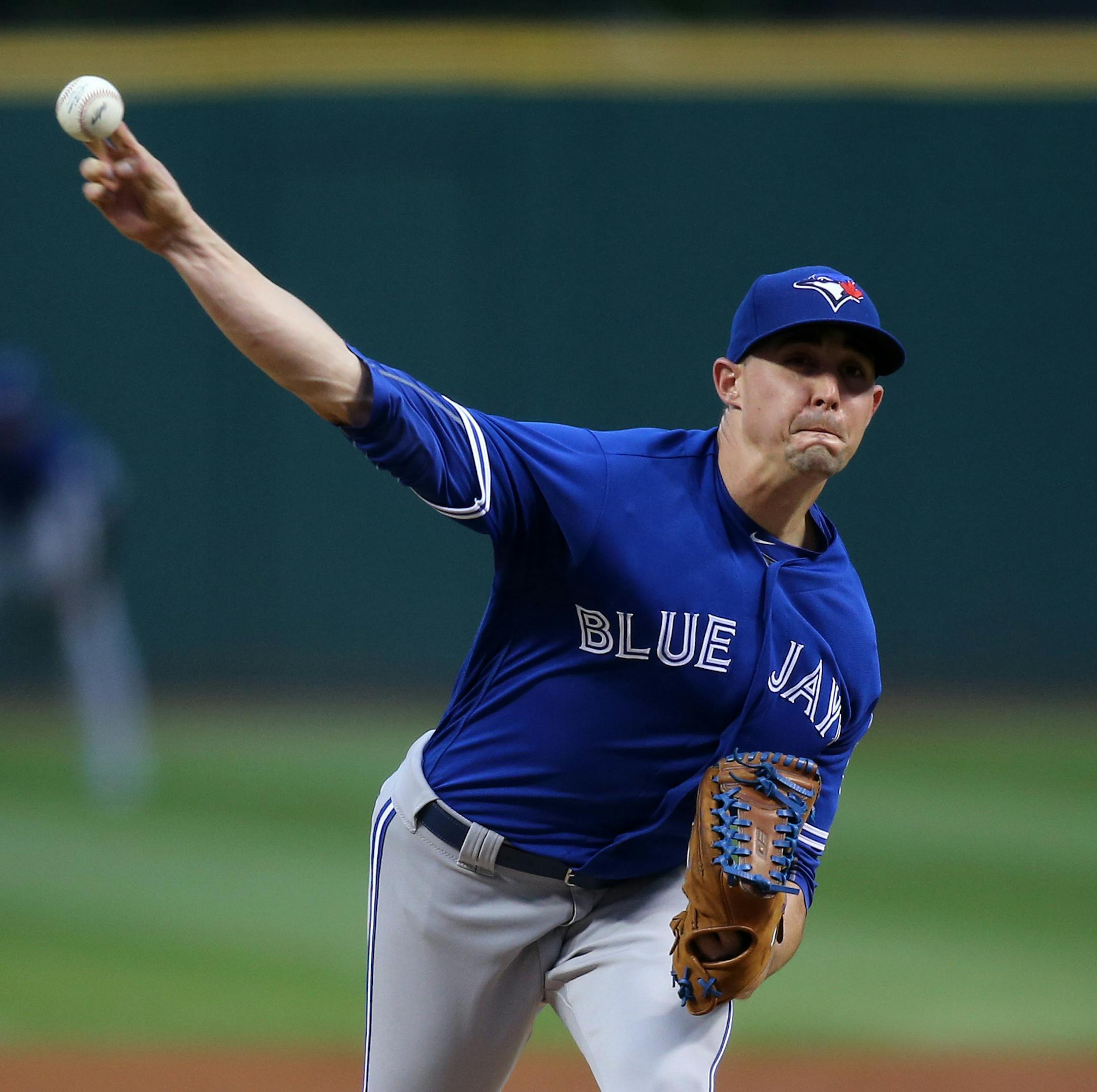 Toronto Blue Jays starting pitcher Aaron Sanchez throws during the first inning of a baseball game against the Cleveland Indians, Saturday, Aug. 20, 2016, in Cleveland. (AP Photo/Aaron Josefczyk)