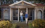 Tim Foster, holding 14-year-old Papillon Vince, and Bruce Schabell, in front of a Romanesque garden temple with a screen porch on March 6, 2024 that t