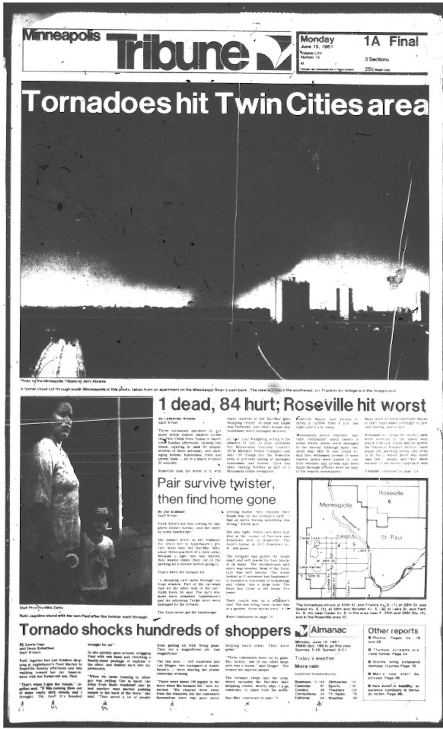 This was the front page of the Minneapolis Tribune the day after tornadoes ripped through the metro on June 14, 1981.