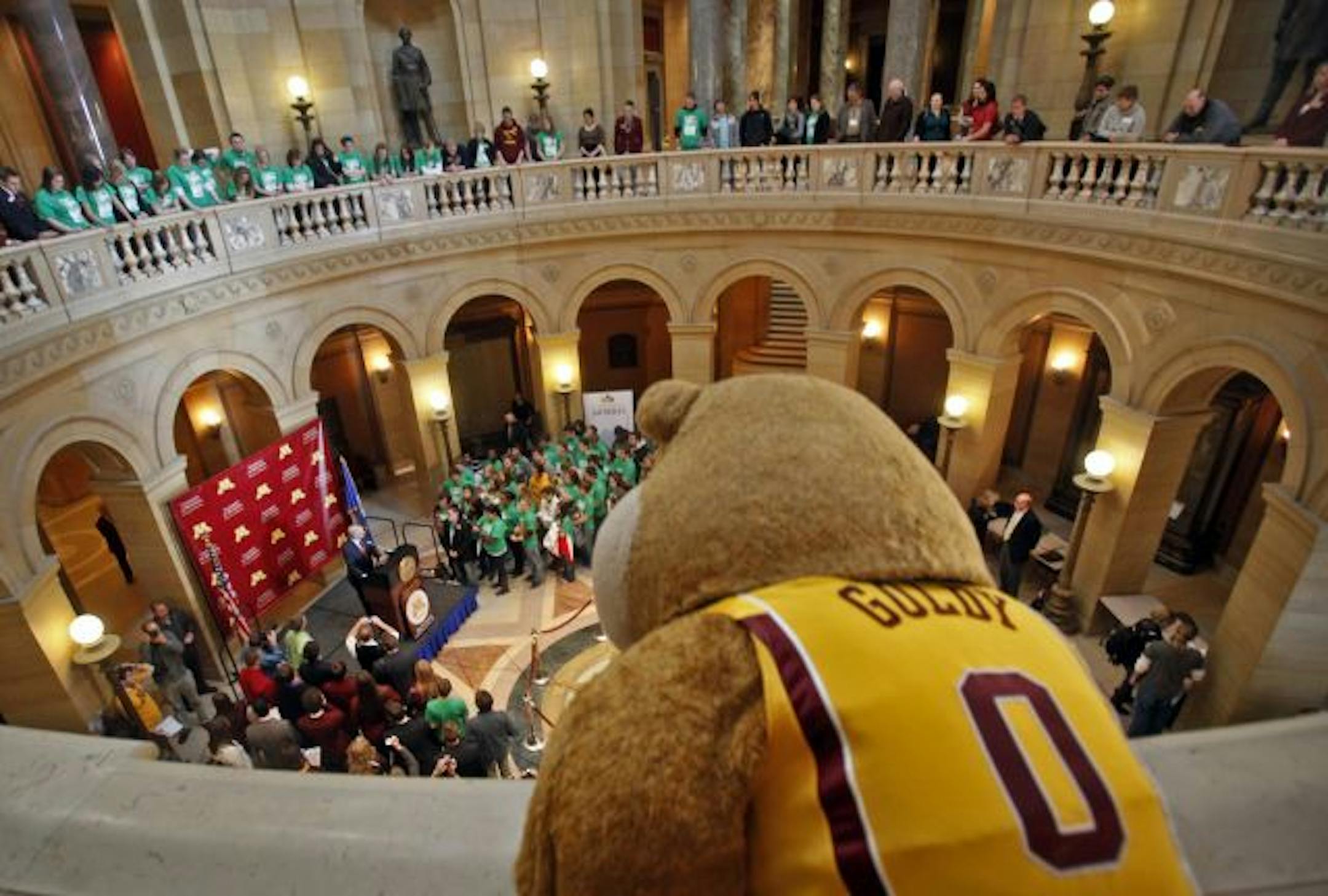 Gov. Mark Dayton, Rep. Keith Ellison, U President Bob Bruininks — and Goldy — were among those at a rally Tuesday called by the Minnesota Student Association.
