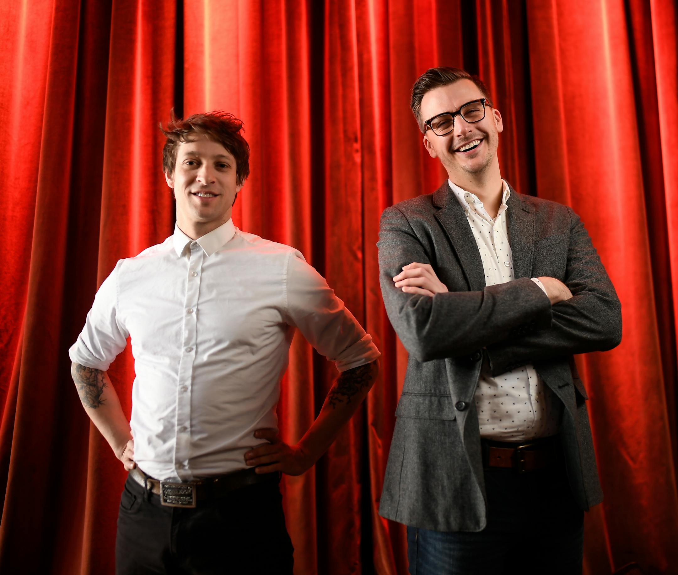 From right, musicians Mark Bilyeu and Chris Koza stood for a portrait Tuesday at the Icehouse. ] AARON LAVINSKY ï aaron.lavinsky@startribune.com Musicians Mark Bilyeu and Chris Koza were photographed Tuesday, Jan 2., 2018 at the Icehouse in Minneapolis. Bilyeu is organizer of the first-ever SongSlam event, a poetry slam of sorts for art songs, Koza will be hosting the event.