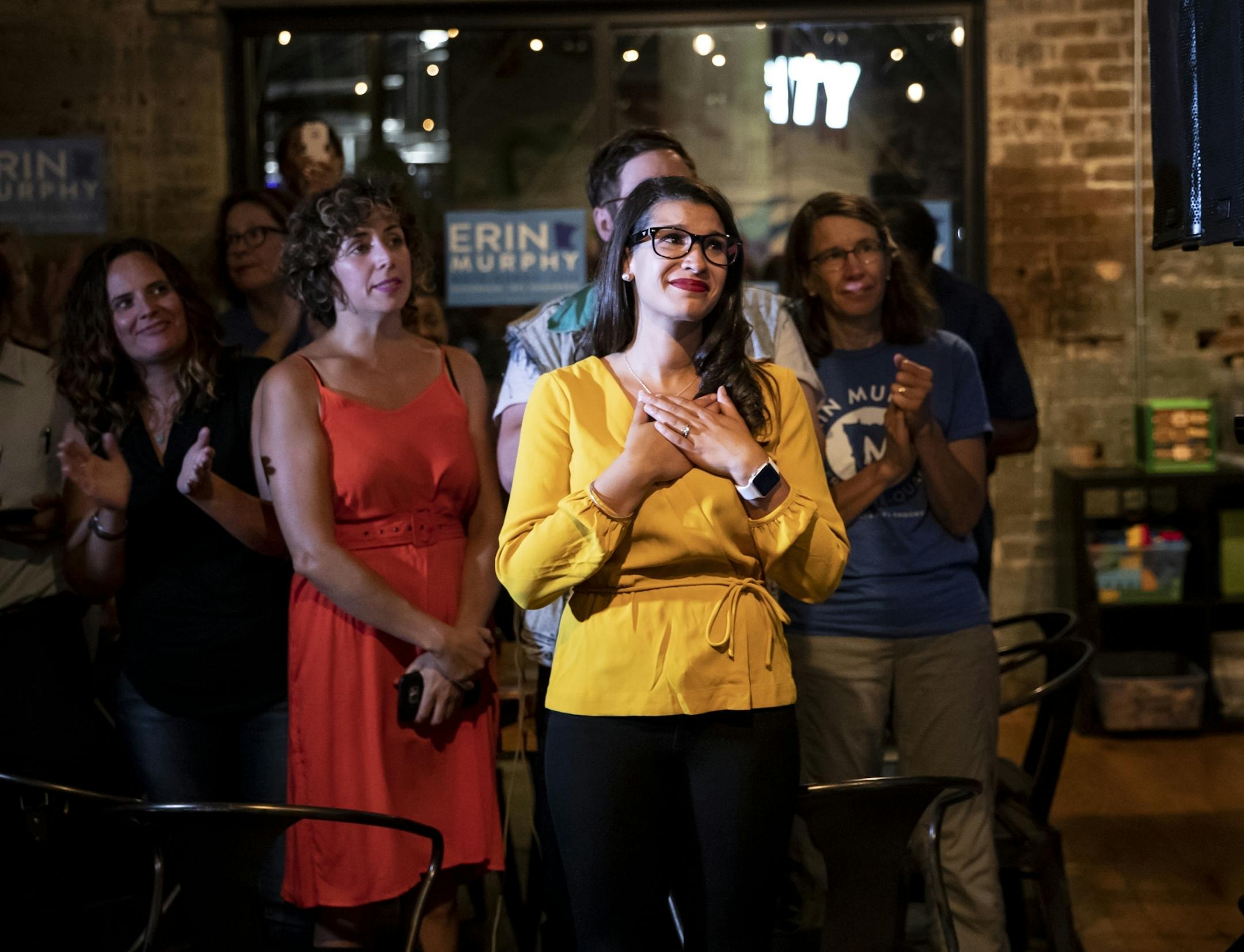 Rep. Erin Maye Quade, who ran as lieutenant governor with Rep. Erin Murphy, reacted as Murphy thanked as she spoke to supporters Lake Monster Brewing in St. Paul, Minn. after conceding to Rep. Tim Walz in the DFL primary for governor on August 14, 2018. .