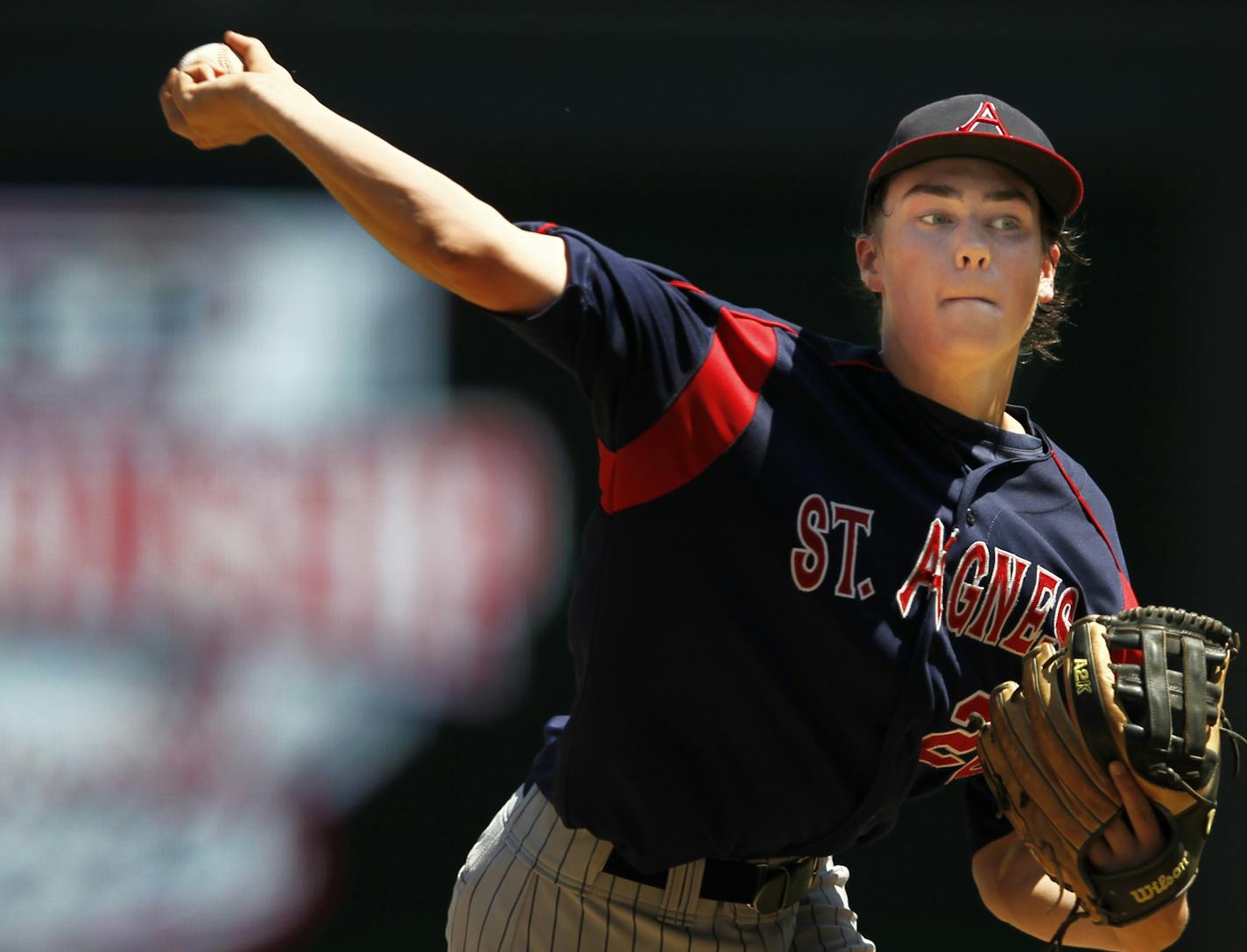 In the state 1A H.S. championship game between St. Agnes and and Lac Qui Parle Valley H.S., starting pitcher Jack Fossand threw a 6-0 complete game shutout.] rtsong-taatarii@startribune.com ORG XMIT: MIN2014040716162863