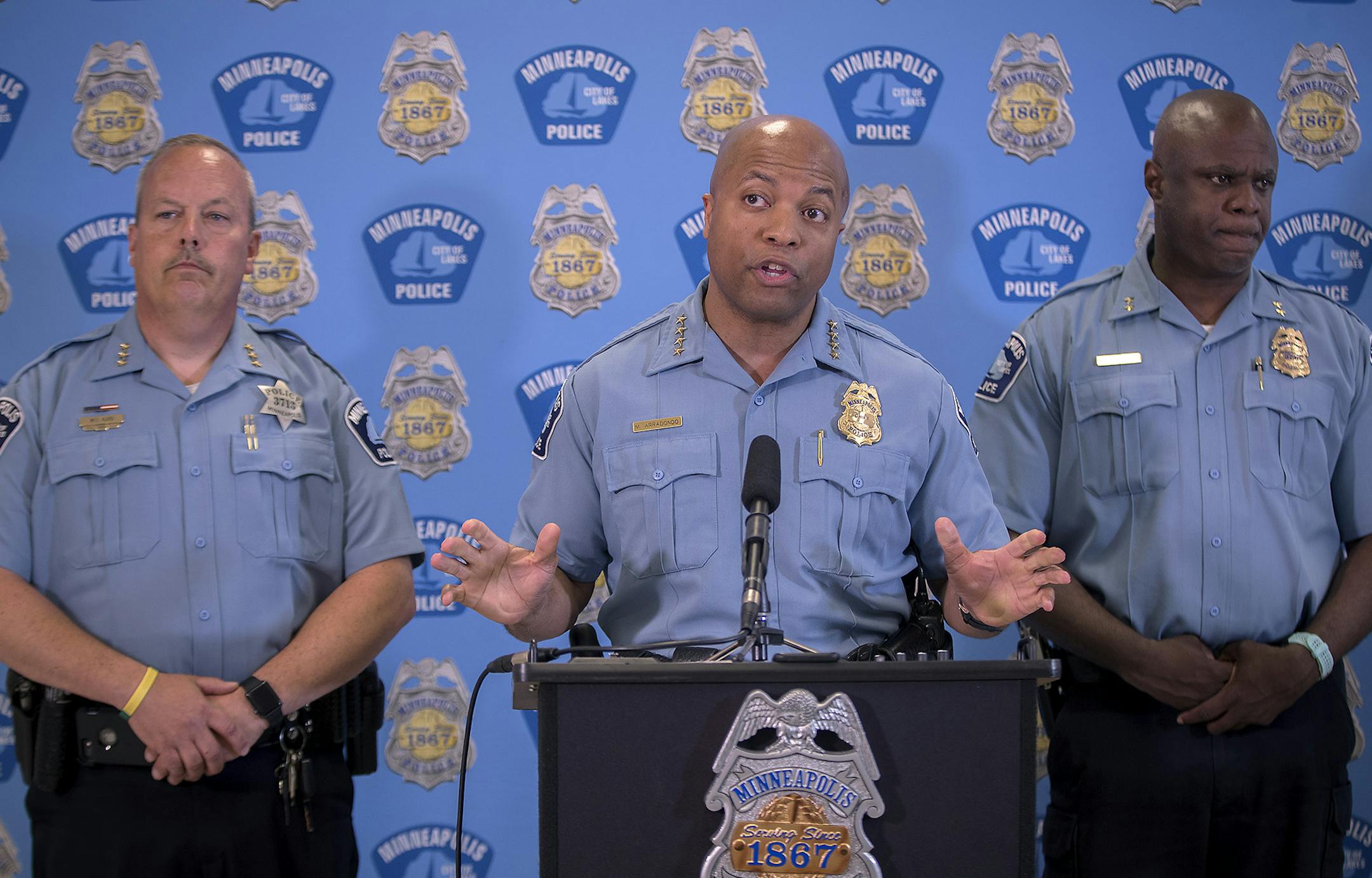 Minneapolis Police Chief Medaria Arradondo addressed the media at City Hall, Thursday, June 7, 2018 in Minneapolis, MN. The press conference was regarding the halt of a sting operation in downtown Minneapolis in which they have been arresting people who sell marijuana to undercover cops. Forty-six of the 47 people arrested are black. ] ELIZABETH FLORES ï eflores@startribune.com
