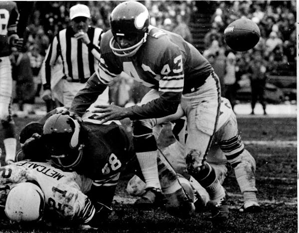 1974. Nate Wright scooped up the ball and ran 20 yards for a Vikings touchdown.