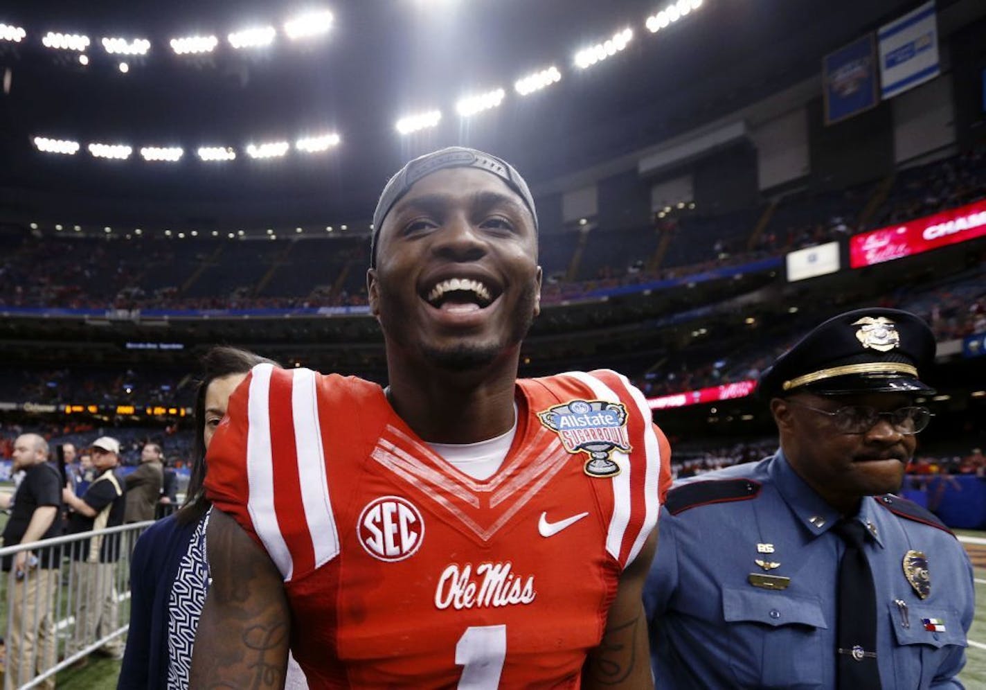 Mississippi wide receiver Laquon Treadwell (1) celebrates after their victory over Oklahoma State in the Sugar Bowl college football game in New Orleans, Friday, Jan. 1, 2016. Mississippi won 48-20.