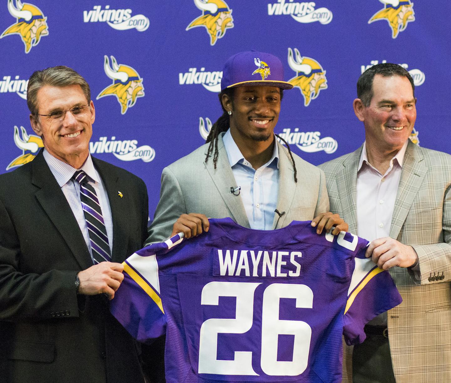 Vikings GM Rick Spielman(left) and head coach Mike Zimmer (right) introduce cornerback Trae Waynes at a press conference Friday afternoon at Winter Park. ] Brian.Peterson@startribune.com Eden Prairie, MN - 4/29/2015