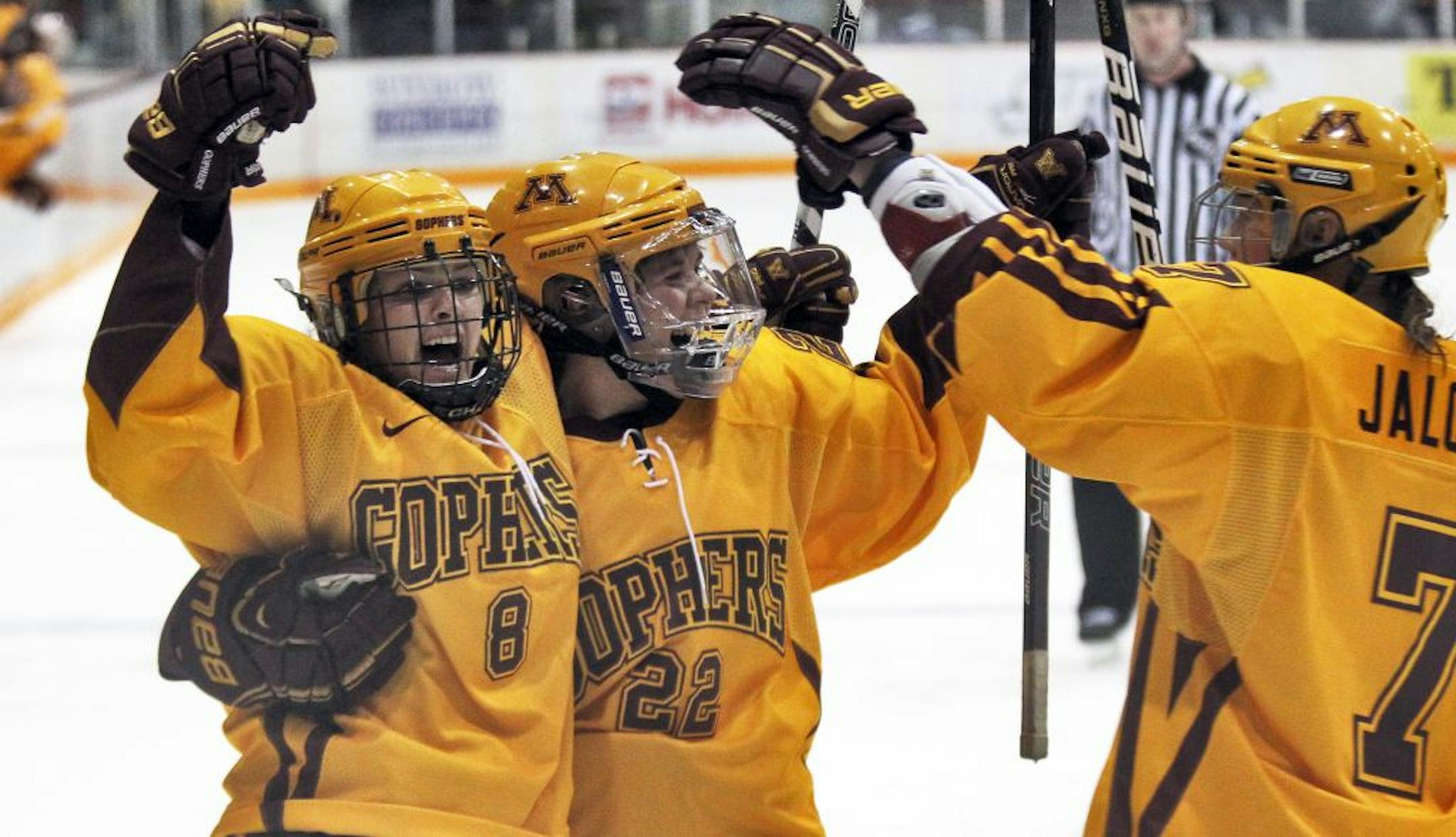 Minnesota Gophers vs. Minnesota--Duluth Bulldogs. Gophers Amanda Kessel celebrrated with teammates Hannah Brandt (22) and Mira Jalosuo (7) after Kessel scored a go-ahead goal in third period action. (MARLIN LEVISON/STARTRIBUNE(mlevison@startribune.com