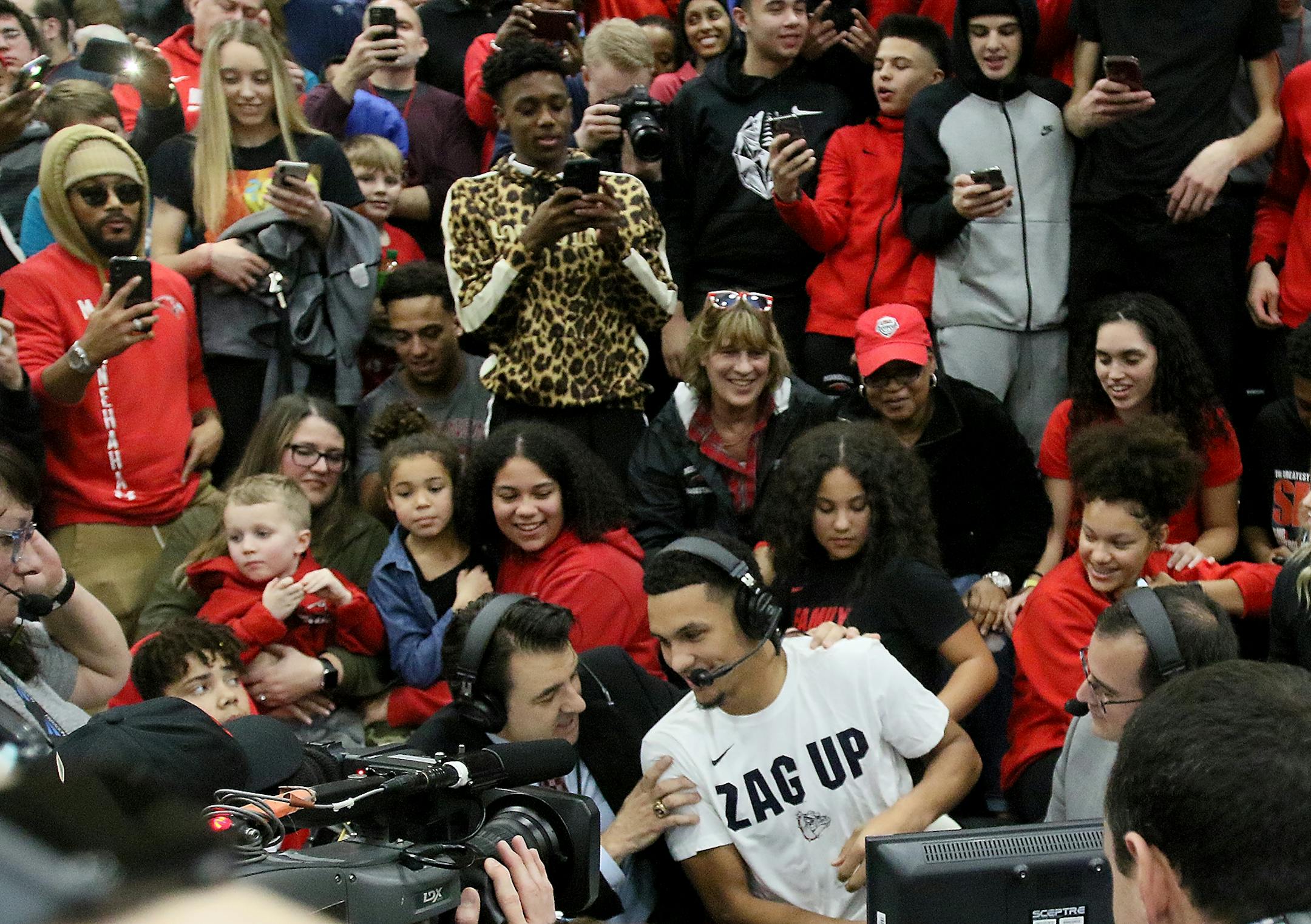 Jalen Suggs of Minnehaha Academy announced at halftime on ESPN TV that he is headed to Gonzaga University Friday, Jan. 3, 2020, at Minnehaha Academy in Minneapolis MN.