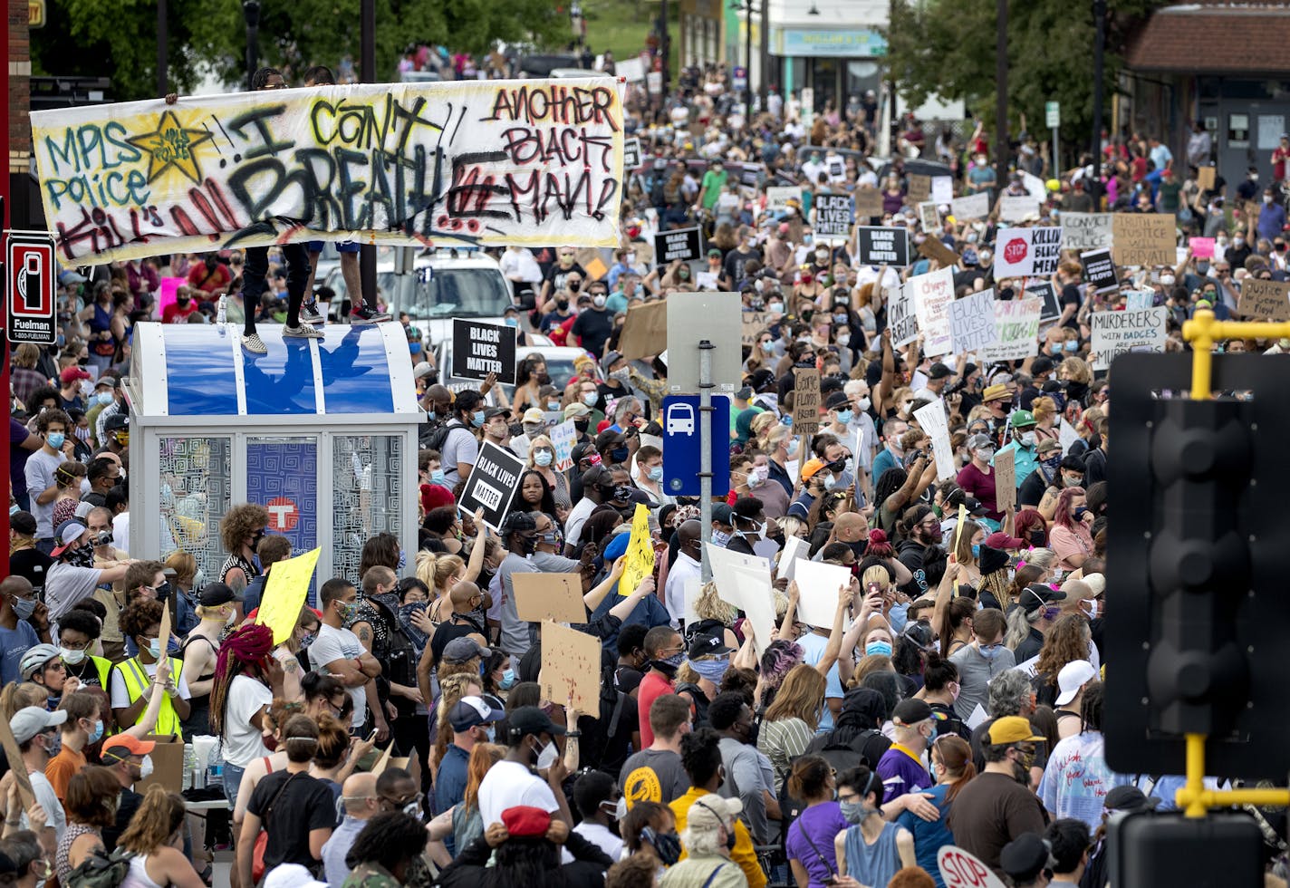 Protesters gathered at 38th Street and Chicago Avenue in Minneapolis, where George Floyd was killed, in May.