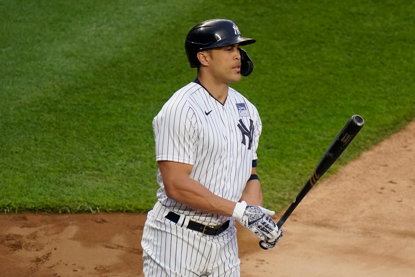 New York Yankees' Giancarlo Stanton during the first inning of a baseball game against the Tampa Bay Rays Wednesday, June 2, 2021, in New York. (AP Photo/Frank Franklin II)