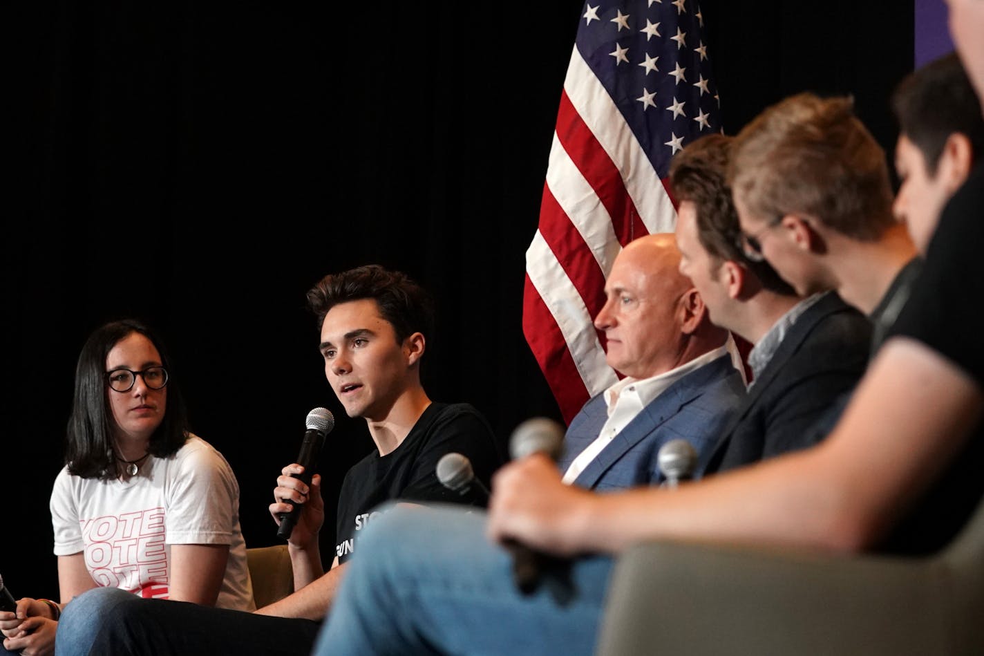 David Hogg, one of the student who survived the Stoneman Douglas High School shooting in February, spoke on stage during a round table hosted by Comedy Central's Jordan Klepper with Mark Kelly, a retired astronaut and the husband of Gabby Giffords, the former congresswoman who survived a shooting in 2011, before a rally to get gun control advocates out to vote in the upcoming the election.