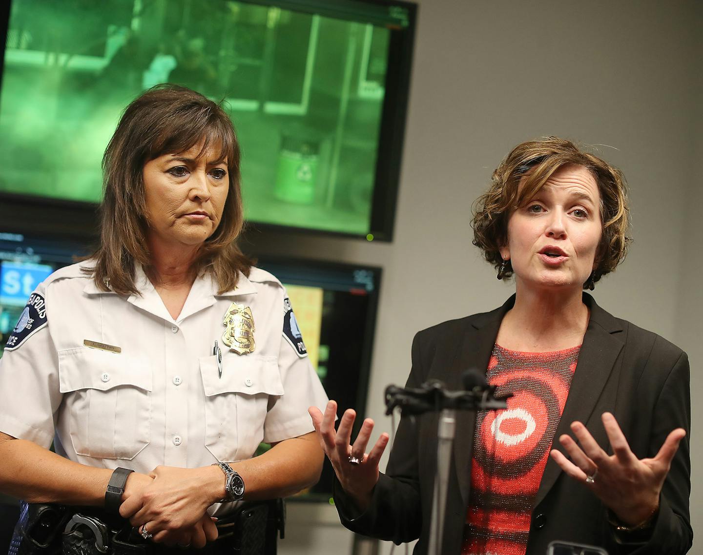 Mayor Betsy Hodges and Chief Janee Harteau held a news conference Monday to address downtown crime following the latest shootings that left six injured.